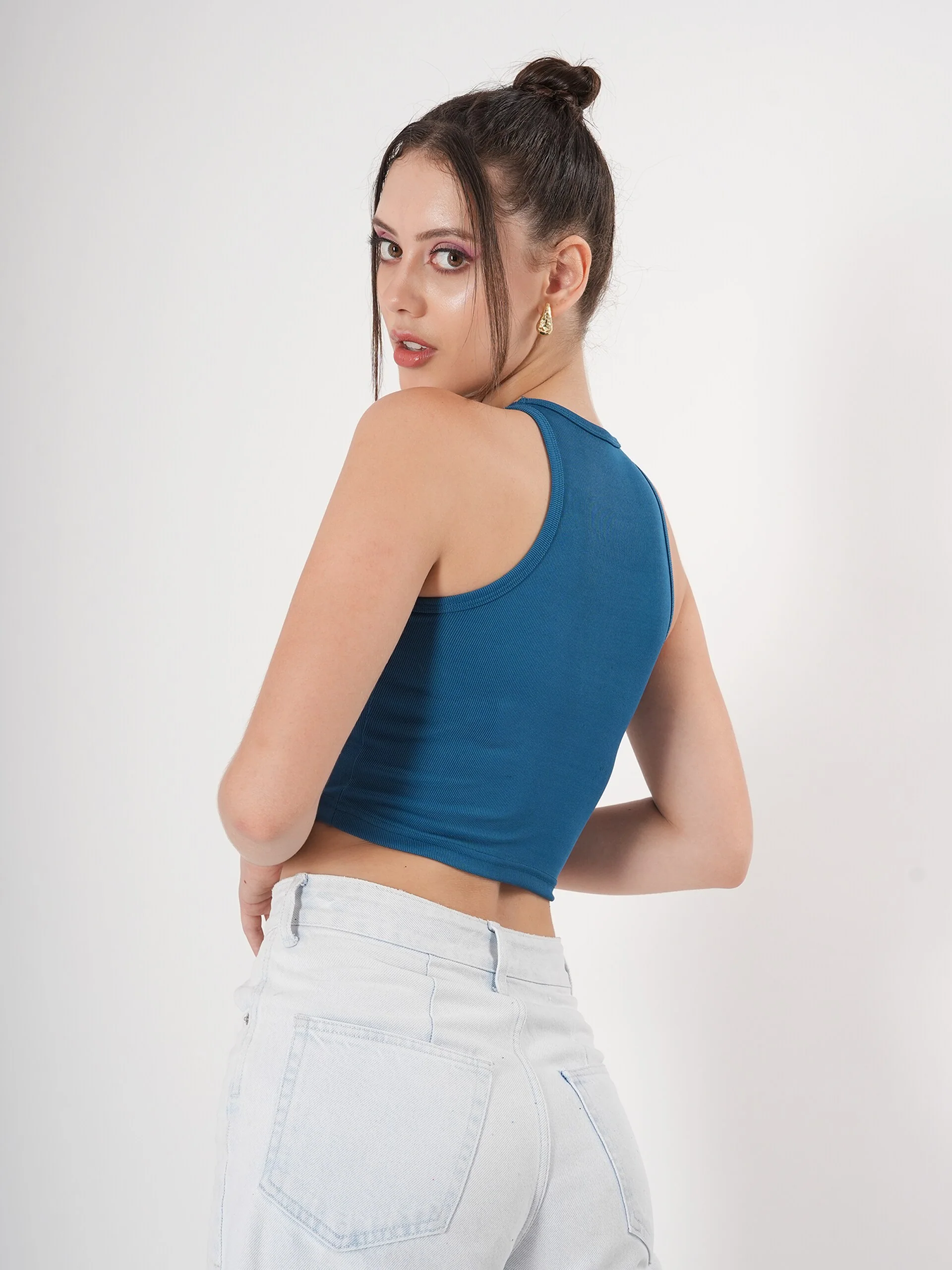 Solid Blue Sleeveless Crop Tank Top - Image 6