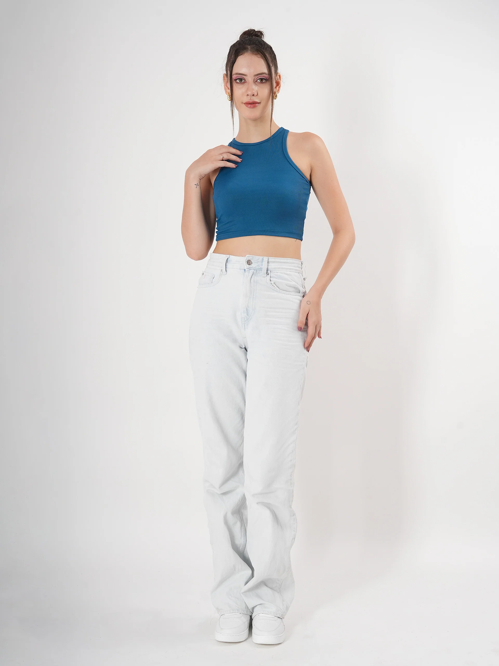 Solid Blue Sleeveless Crop Tank Top - Image 7