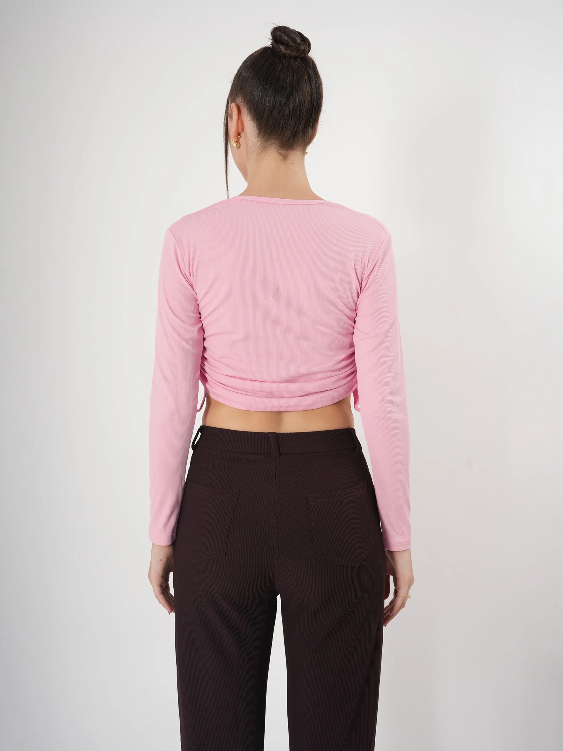 Clobug Solid Square Neck Full Sleeve Fitted Crop Top With Adjustable Strings - Image 11
