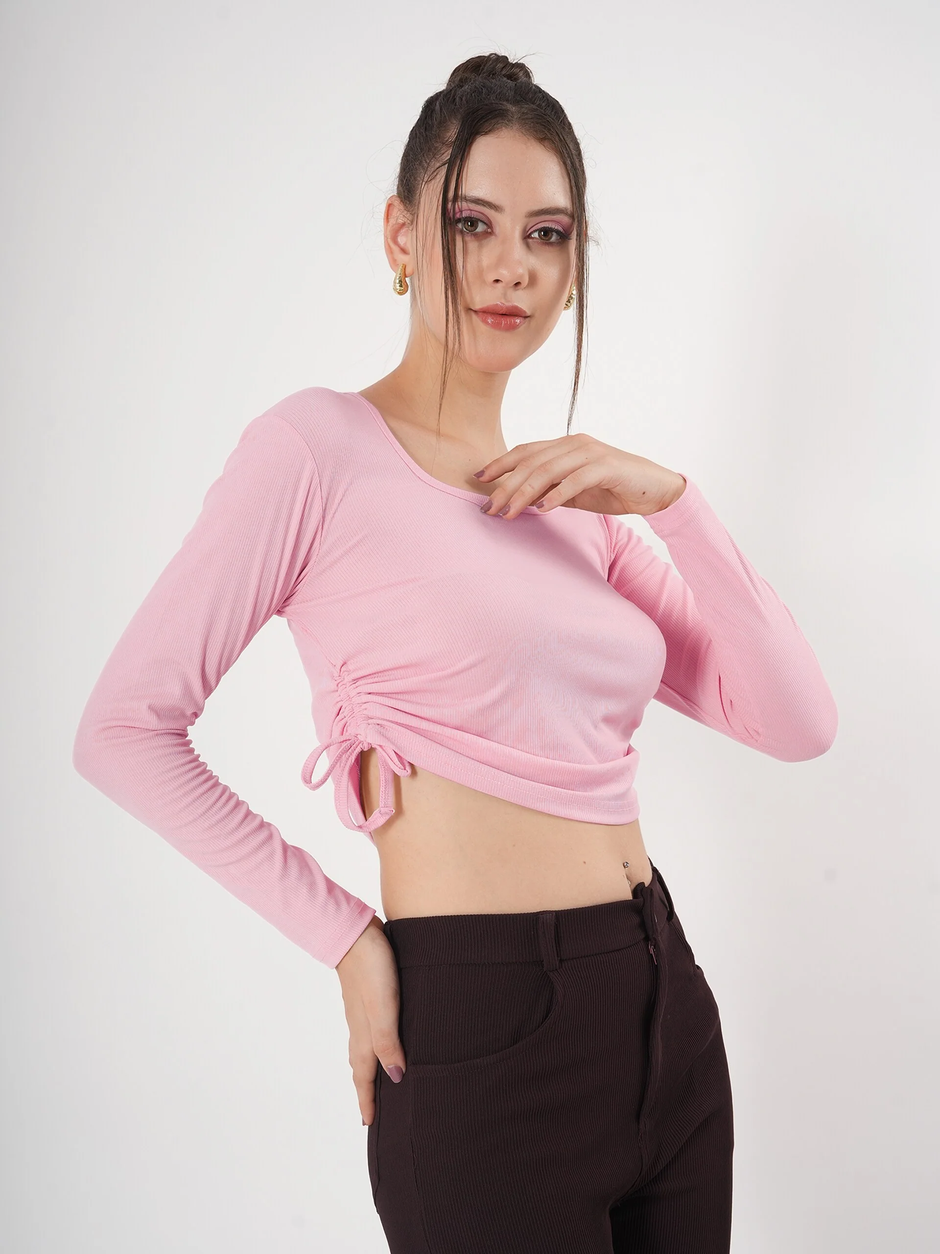Clobug Solid Square Neck Full Sleeve Fitted Crop Top With Adjustable Strings - Image 12