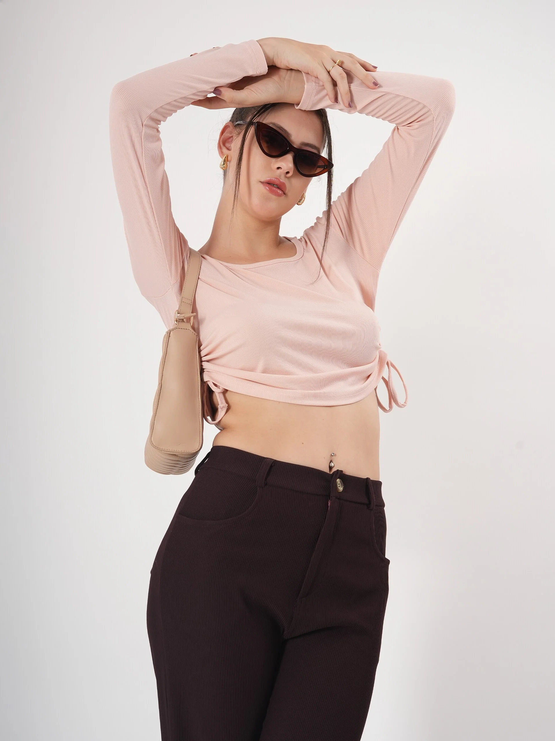 Clobug Solid Square Neck Full Sleeve Fitted Crop Top With Adjustable Strings - Image 13