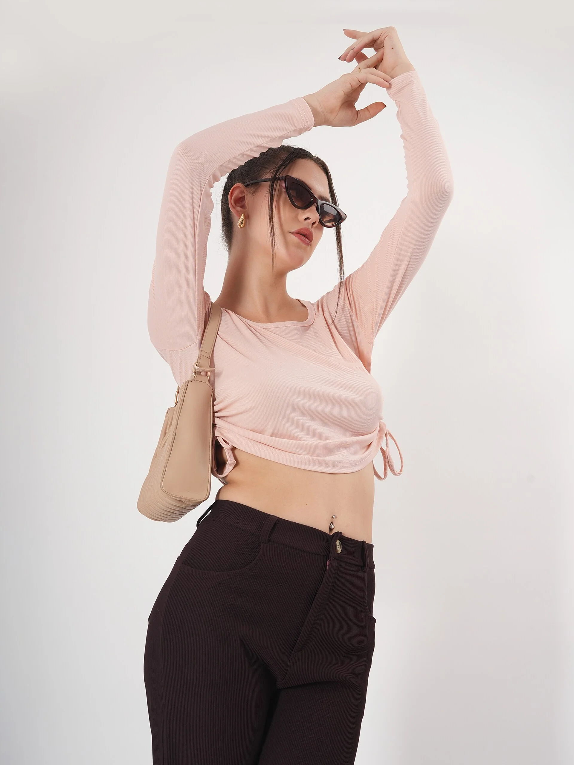 Clobug Solid Square Neck Full Sleeve Fitted Crop Top With Adjustable Strings - Image 15