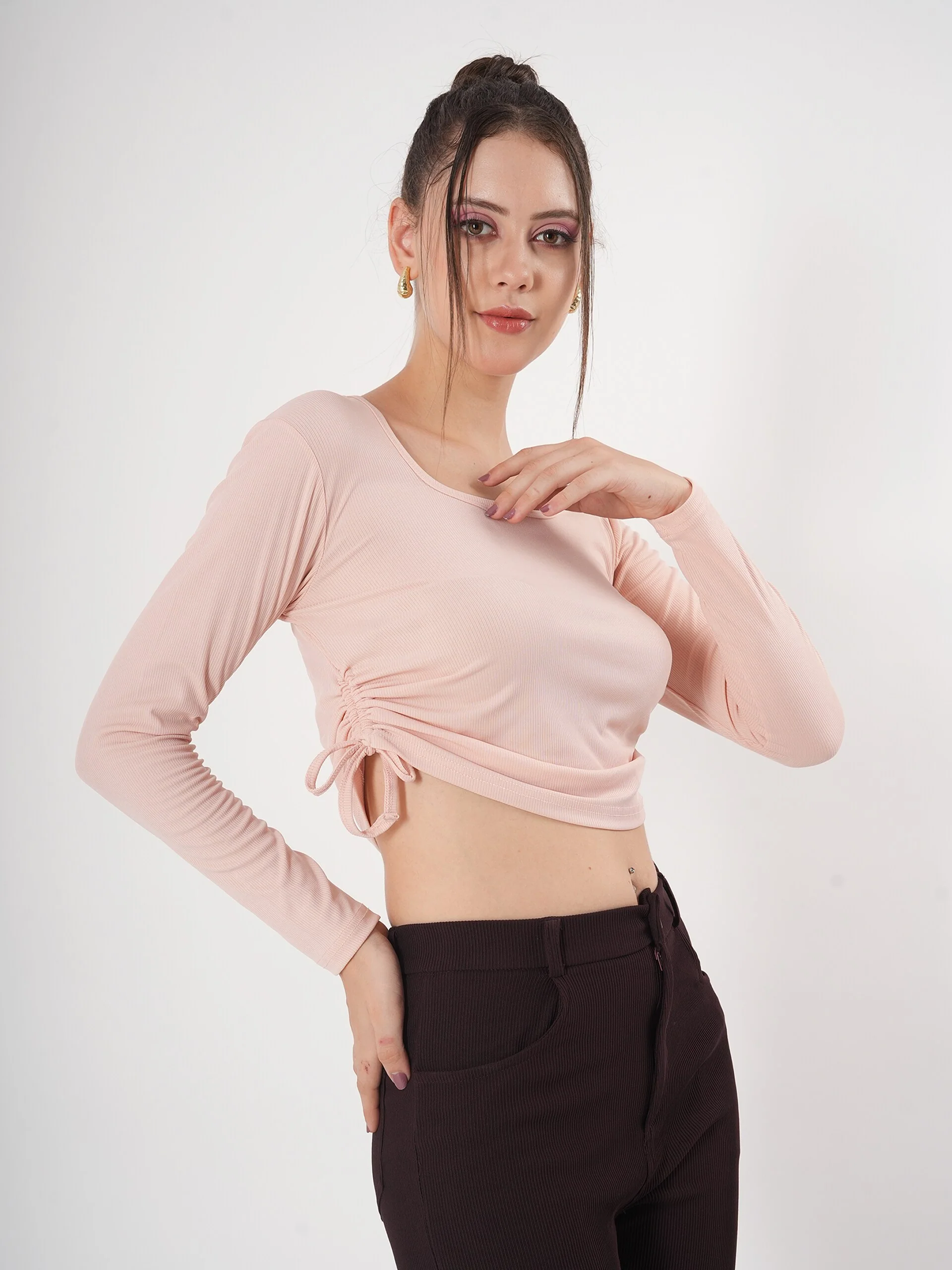 Clobug Solid Square Neck Full Sleeve Fitted Crop Top With Adjustable Strings - Image 18