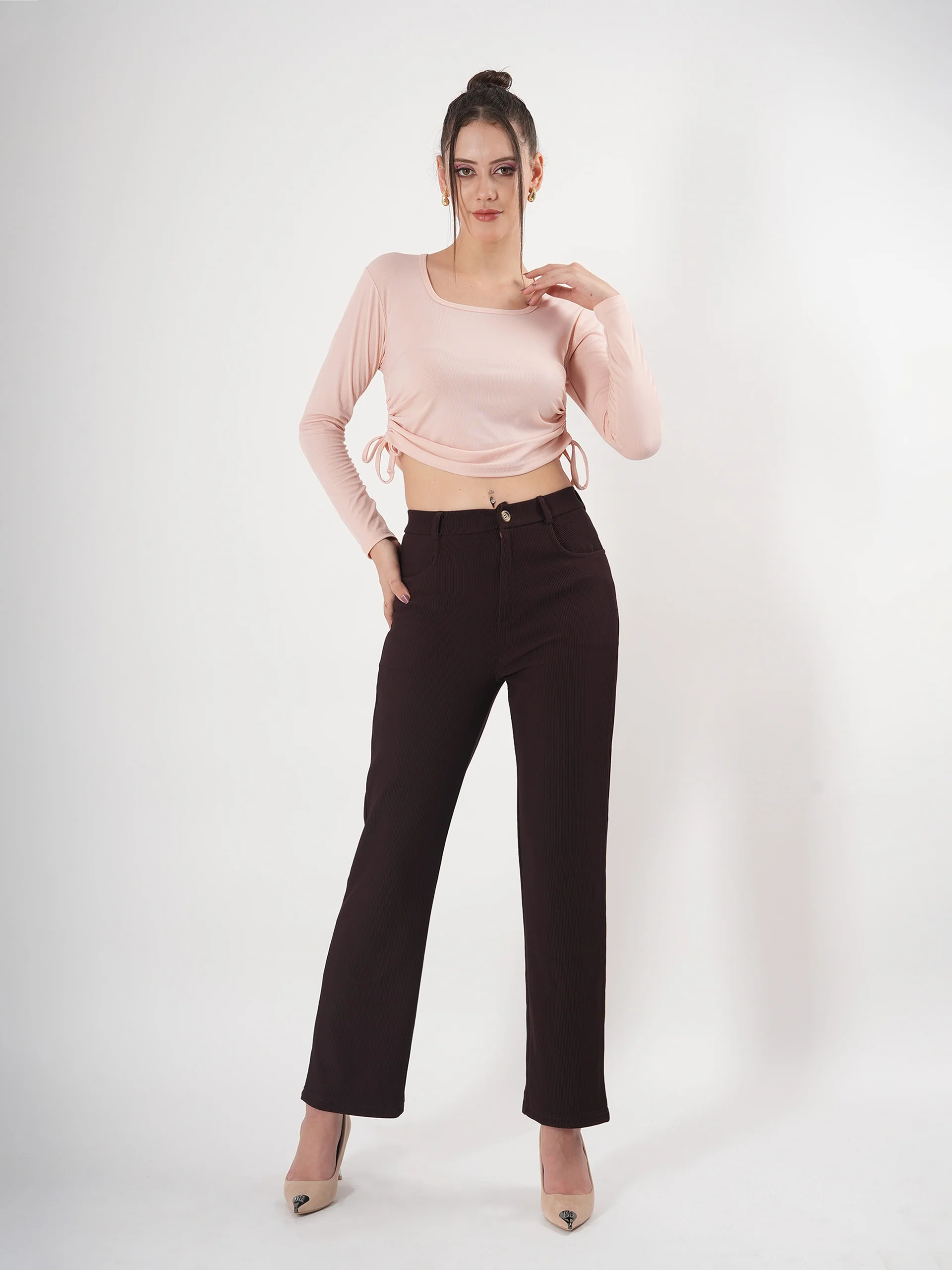 Clobug Solid Square Neck Full Sleeve Fitted Crop Top With Adjustable Strings - Image 19