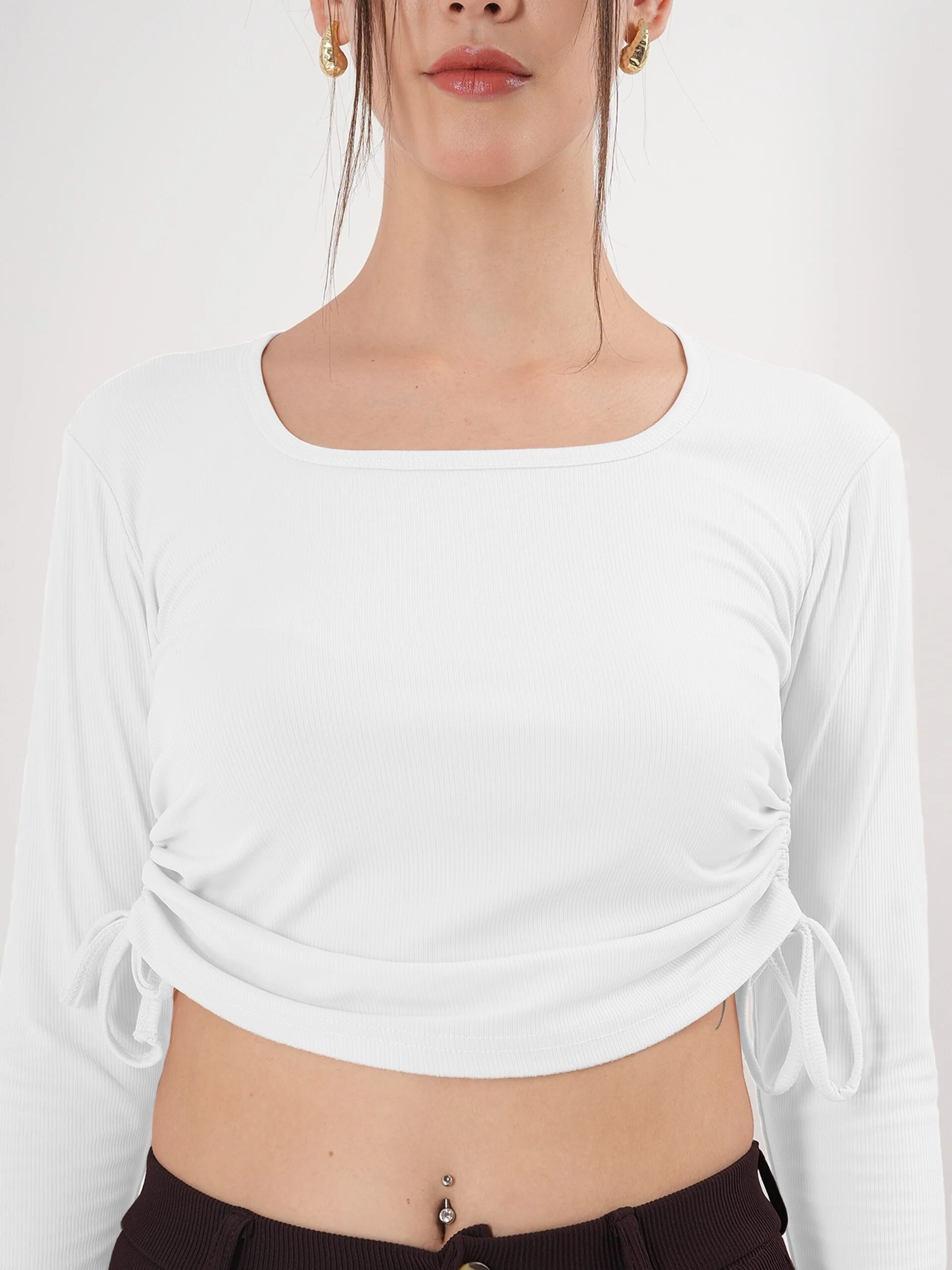 Clobug Solid Square Neck Full Sleeve Fitted Crop Top With Adjustable Strings - Image 22