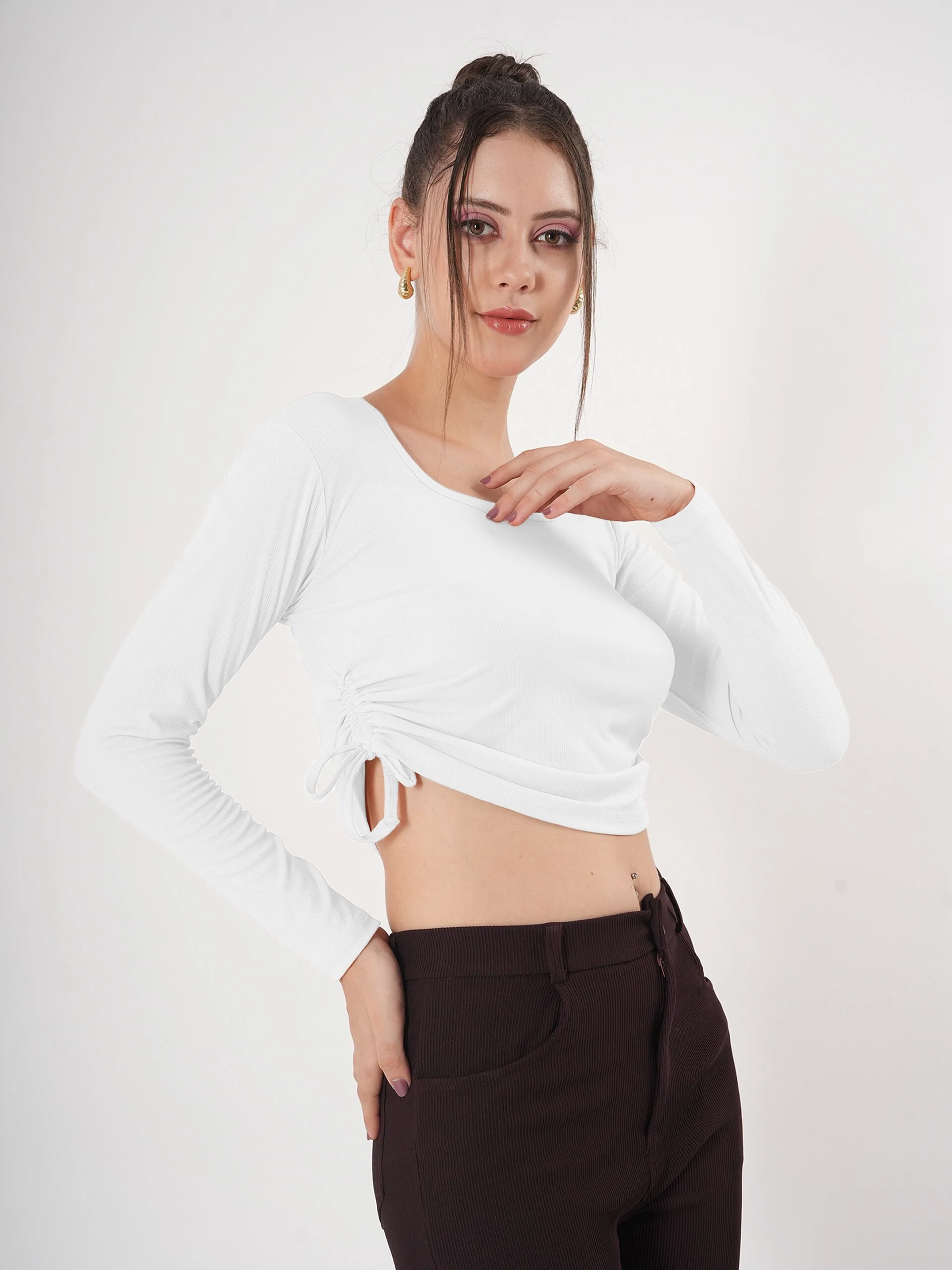 Clobug Solid Square Neck Full Sleeve Fitted Crop Top With Adjustable Strings - Image 23