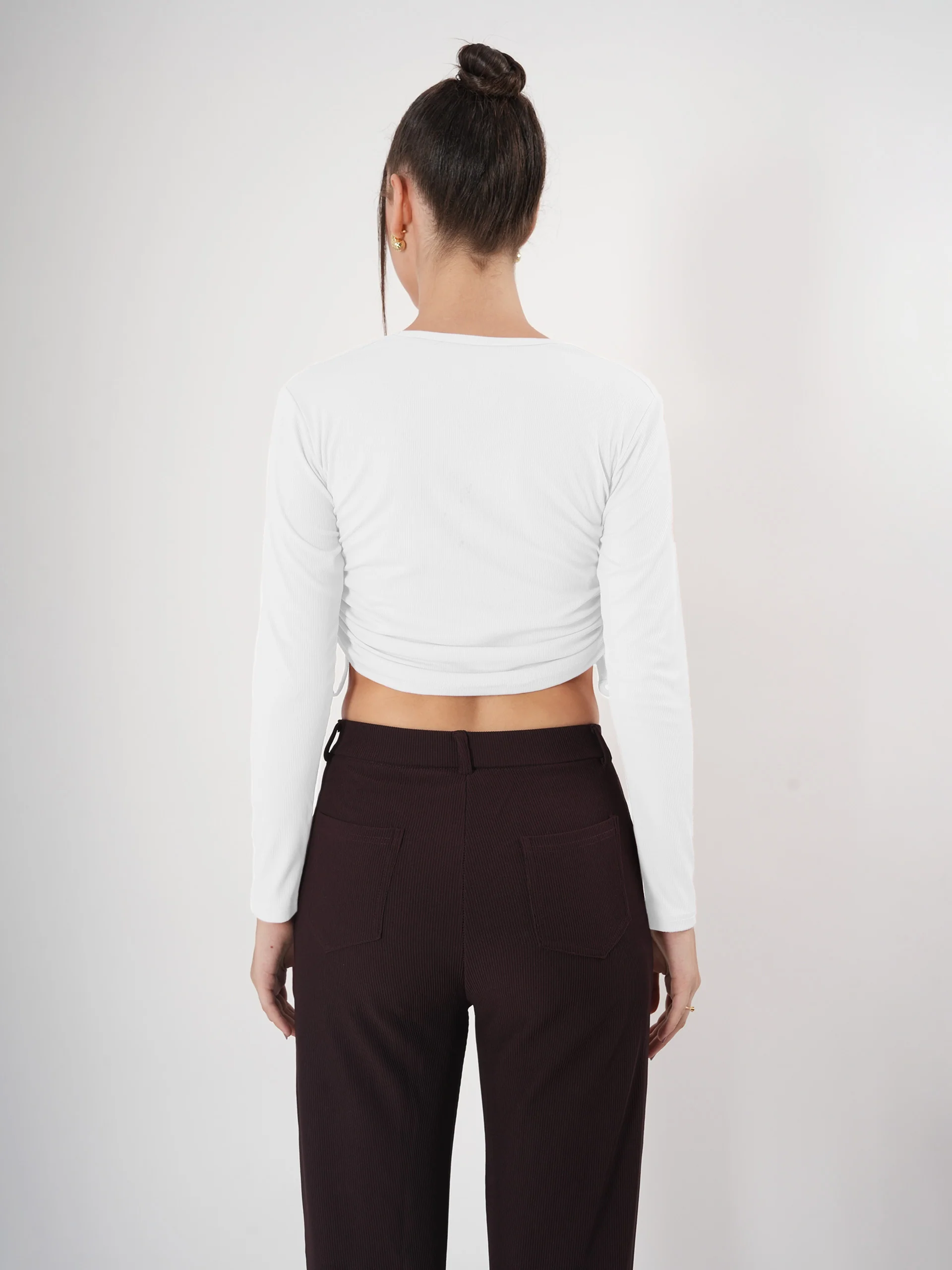 Clobug Solid Square Neck Full Sleeve Fitted Crop Top With Adjustable Strings - Image 25