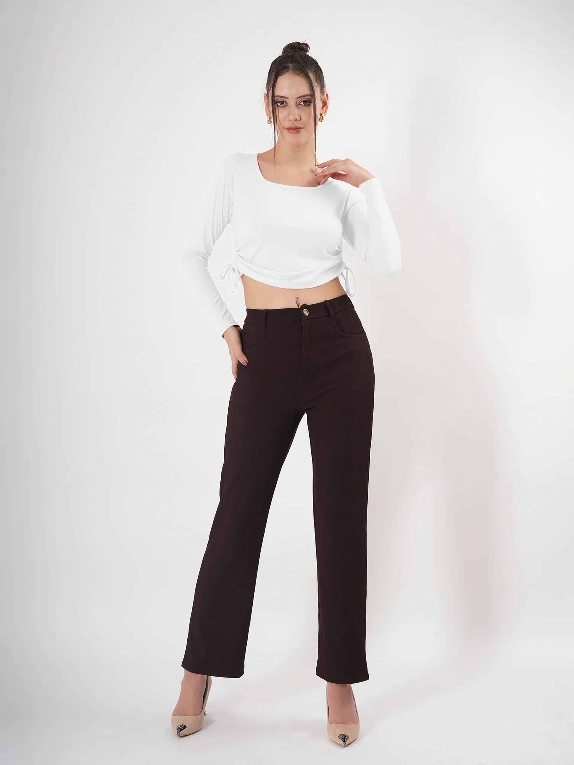 Clobug Solid Square Neck Full Sleeve Fitted Crop Top With Adjustable Strings - Image 26