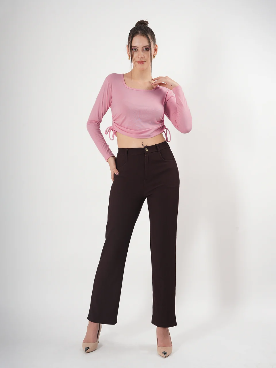 Clobug Solid Square Neck Full Sleeve Fitted Crop Top With Adjustable Strings - Image 31