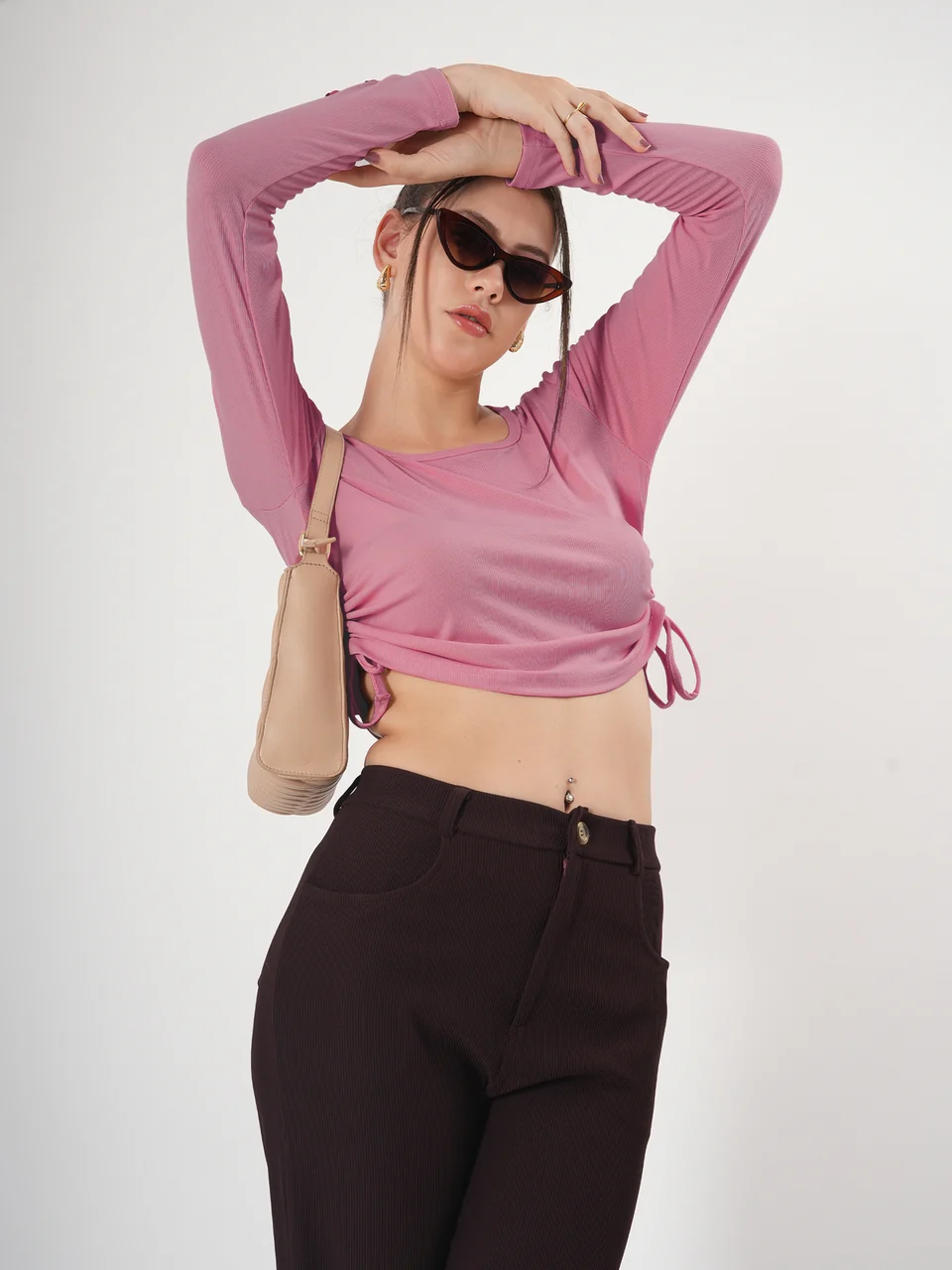 Clobug Solid Square Neck Full Sleeve Fitted Crop Top With Adjustable Strings - Image 32