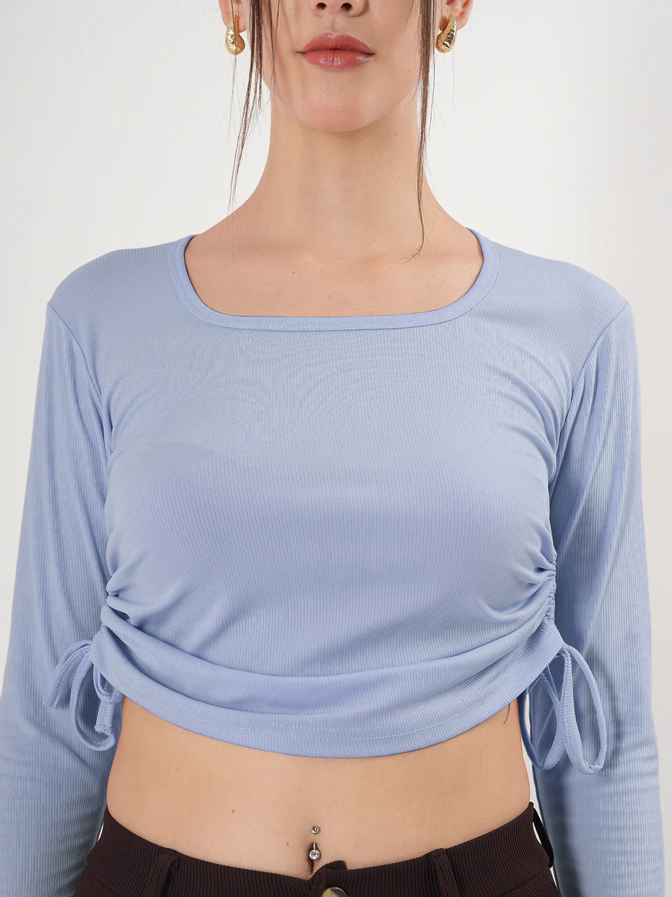 Clobug Solid Square Neck Full Sleeve Fitted Crop Top With Adjustable Strings - Image 34
