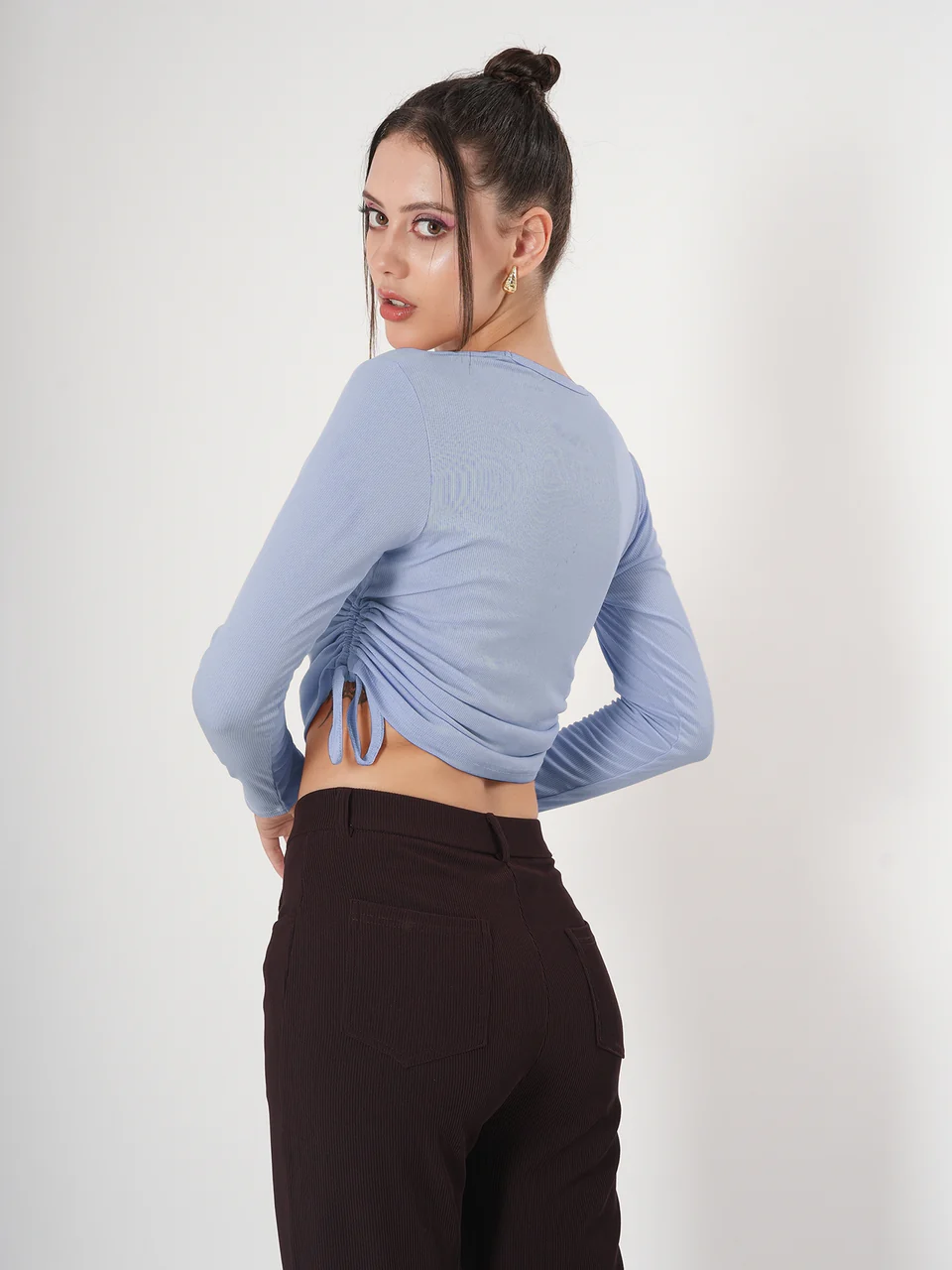 Clobug Solid Square Neck Full Sleeve Fitted Crop Top With Adjustable Strings - Image 35