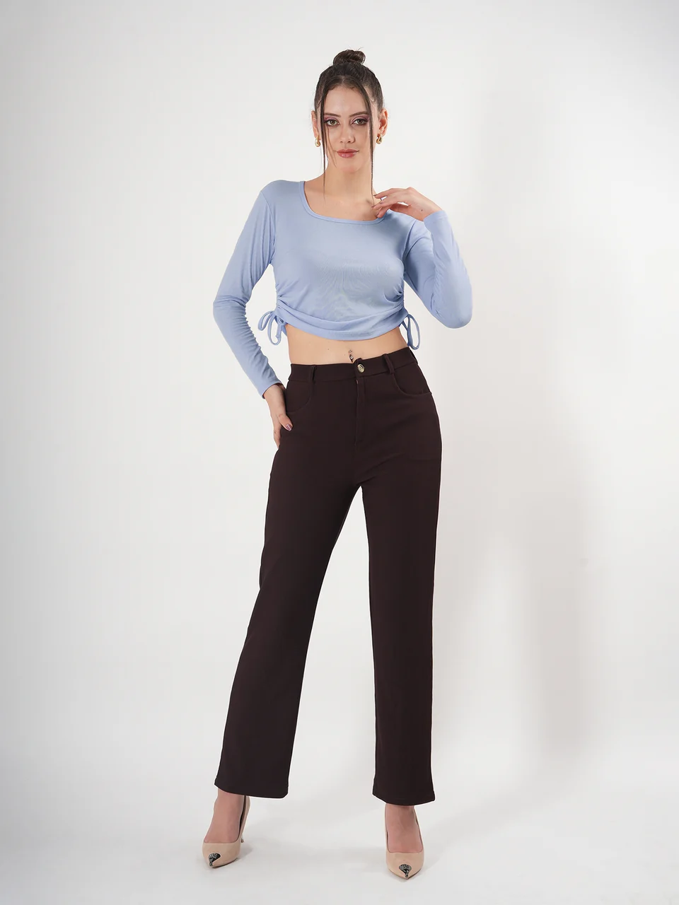 Clobug Solid Square Neck Full Sleeve Fitted Crop Top With Adjustable Strings - Image 37