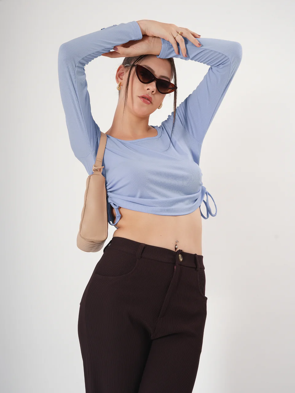 Clobug Solid Square Neck Full Sleeve Fitted Crop Top With Adjustable Strings - Image 38