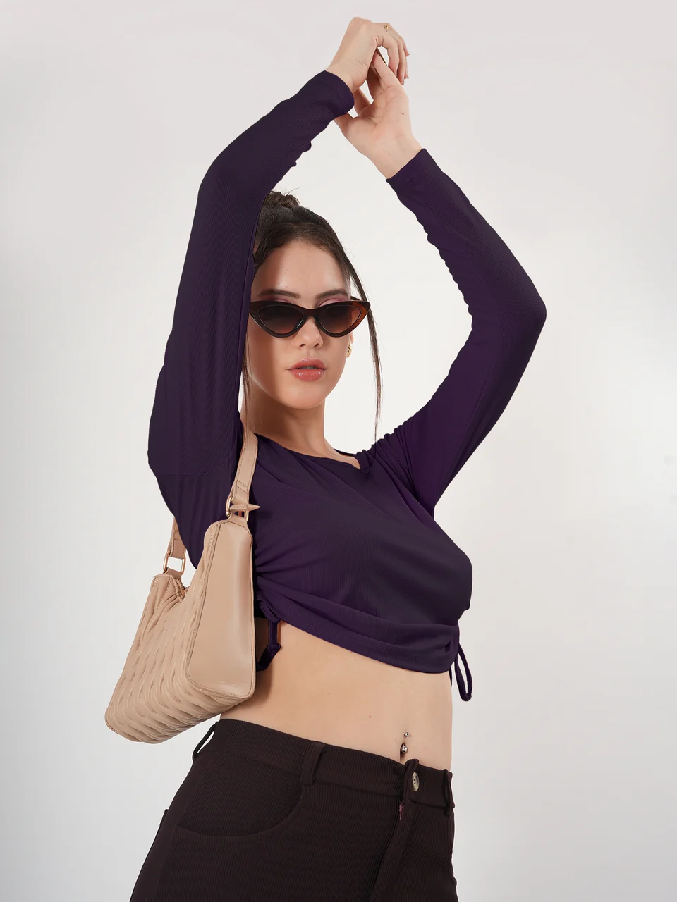 Clobug Solid Square Neck Full Sleeve Fitted Crop Top With Adjustable Strings - Image 39