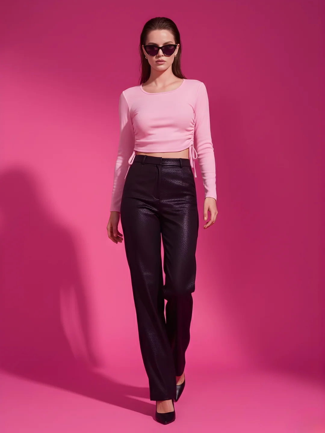 Clobug Solid Square Neck Full Sleeve Fitted Crop Top With Adjustable Strings - Image 4