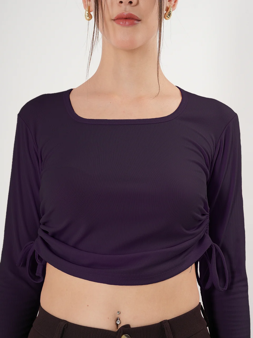 Clobug Solid Square Neck Full Sleeve Fitted Crop Top With Adjustable Strings - Image 40