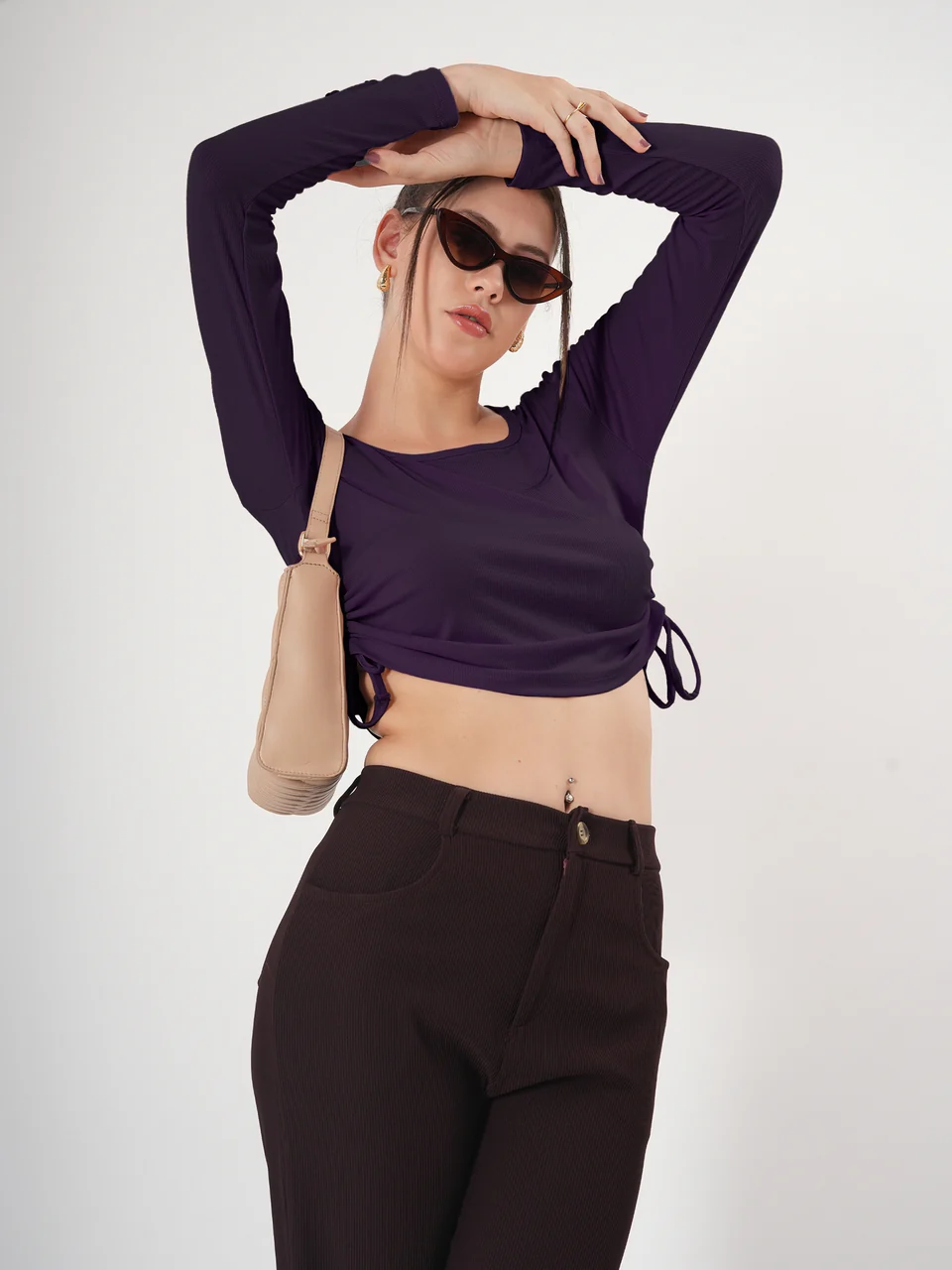 Clobug Solid Square Neck Full Sleeve Fitted Crop Top With Adjustable Strings - Image 41