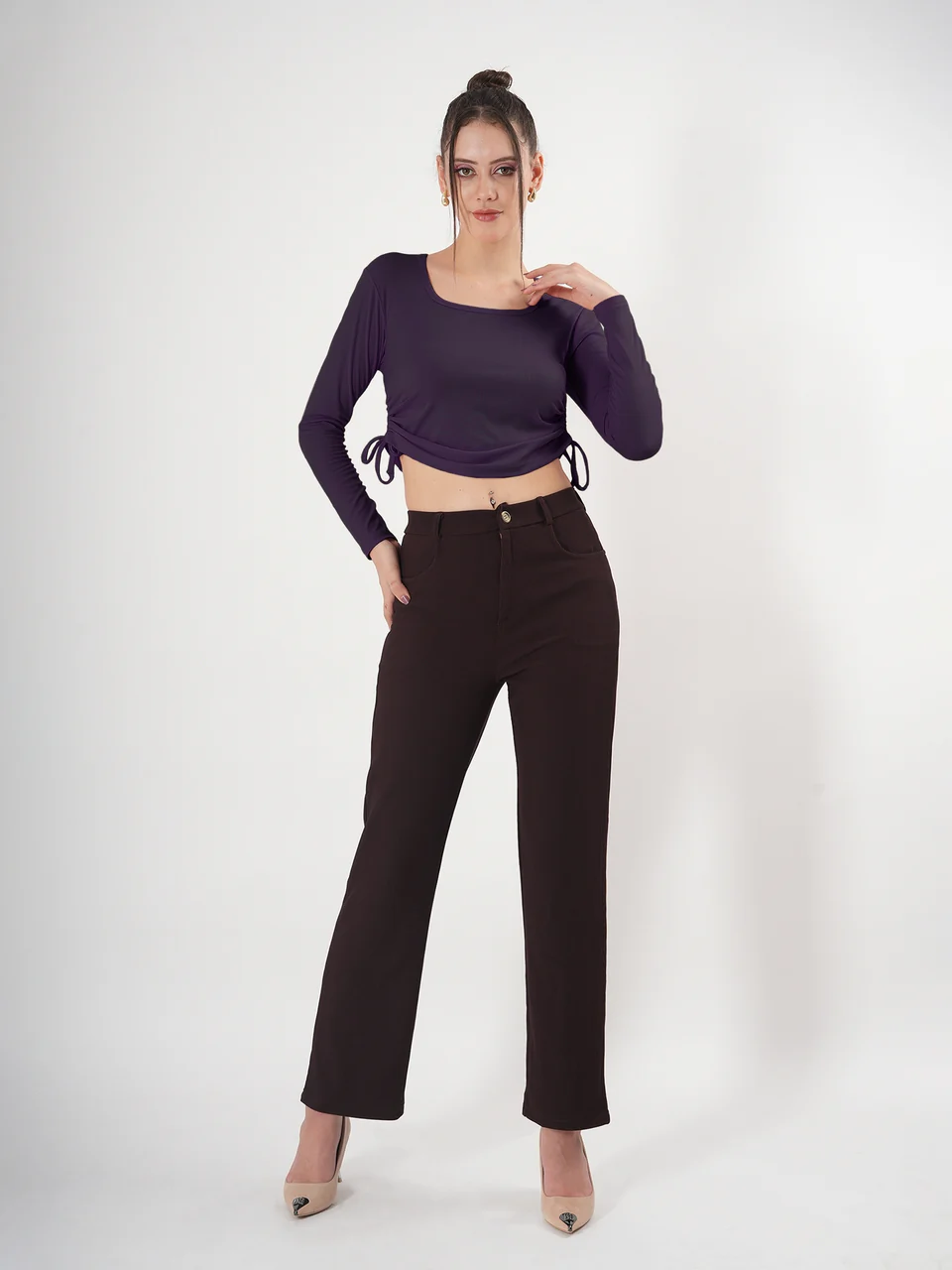 Clobug Solid Square Neck Full Sleeve Fitted Crop Top With Adjustable Strings - Image 42