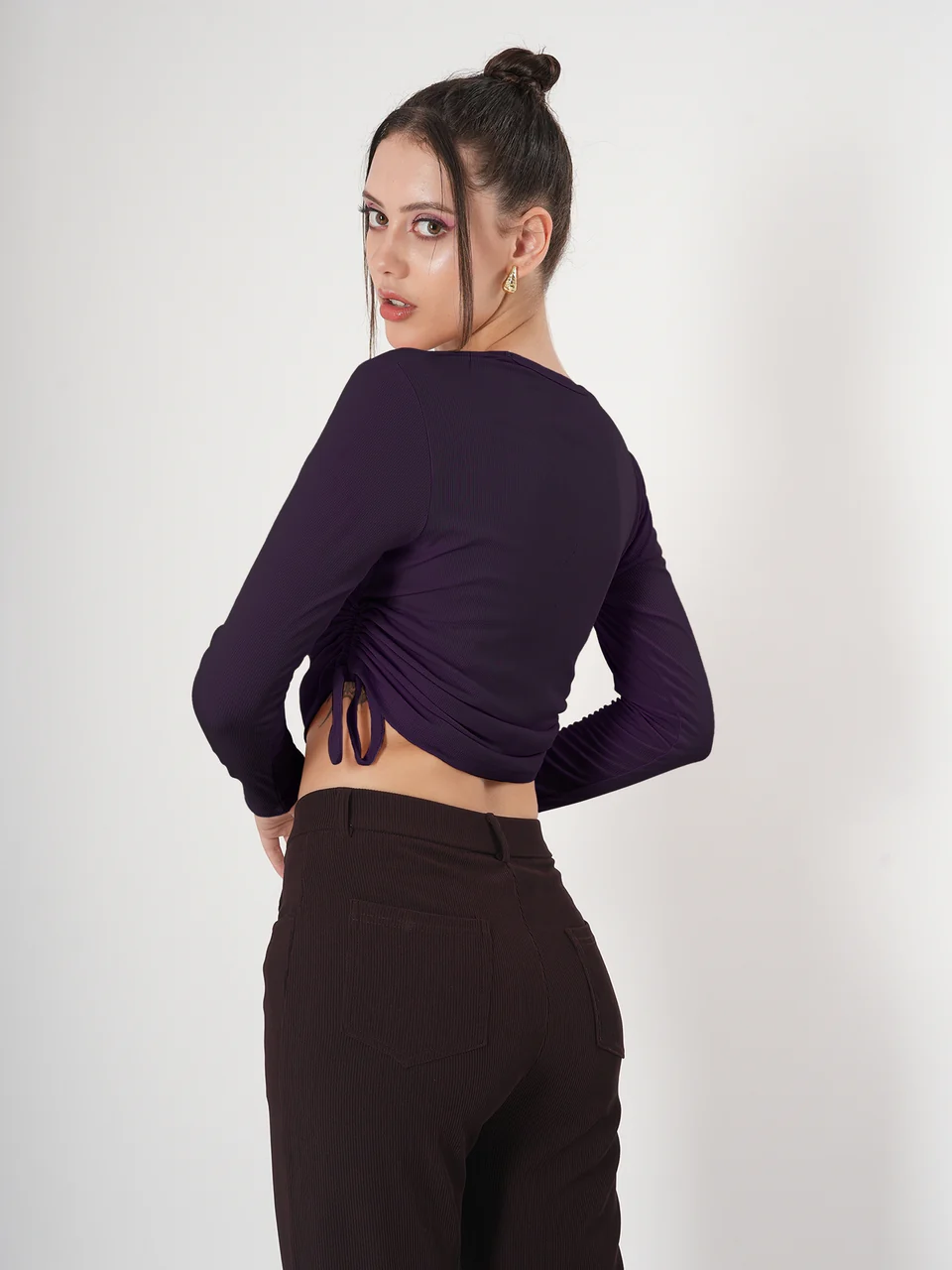 Clobug Solid Square Neck Full Sleeve Fitted Crop Top With Adjustable Strings - Image 43