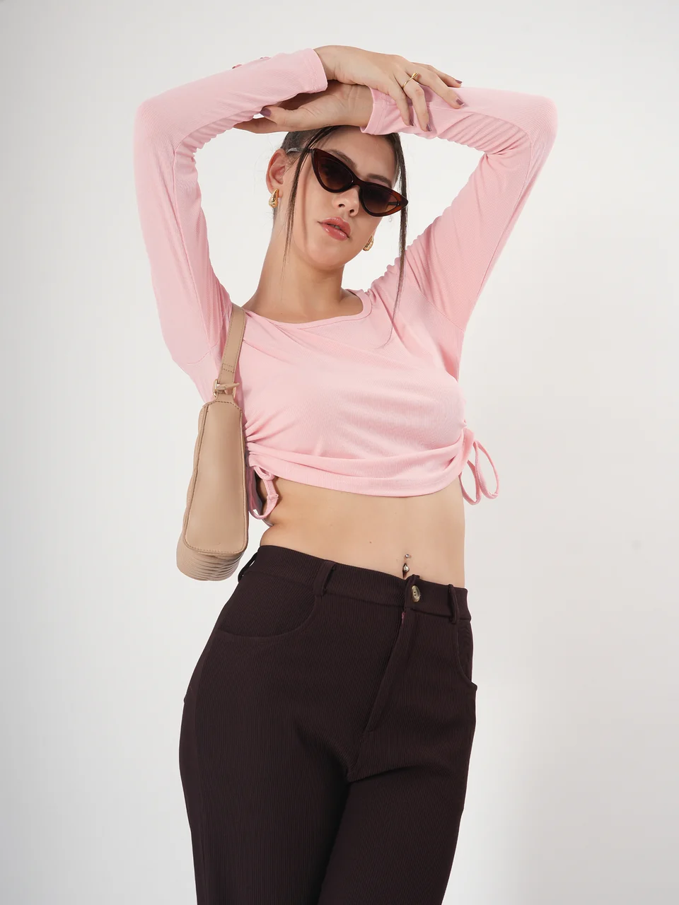 Clobug Solid Square Neck Full Sleeve Fitted Crop Top With Adjustable Strings - Image 48