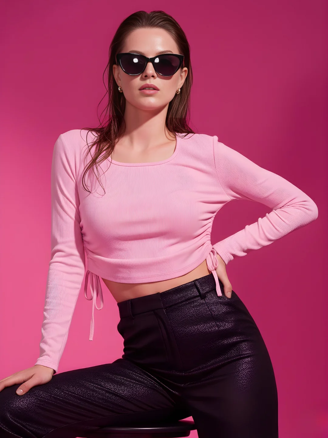 Clobug Solid Square Neck Full Sleeve Fitted Crop Top With Adjustable Strings - Image 5