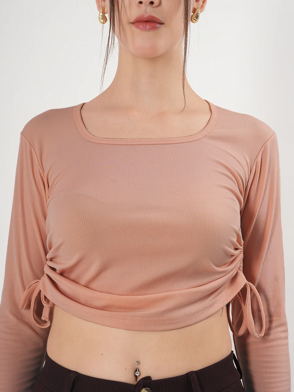 Clobug Solid Square Neck Full Sleeve Fitted Crop Top With Adjustable Strings - Image 52