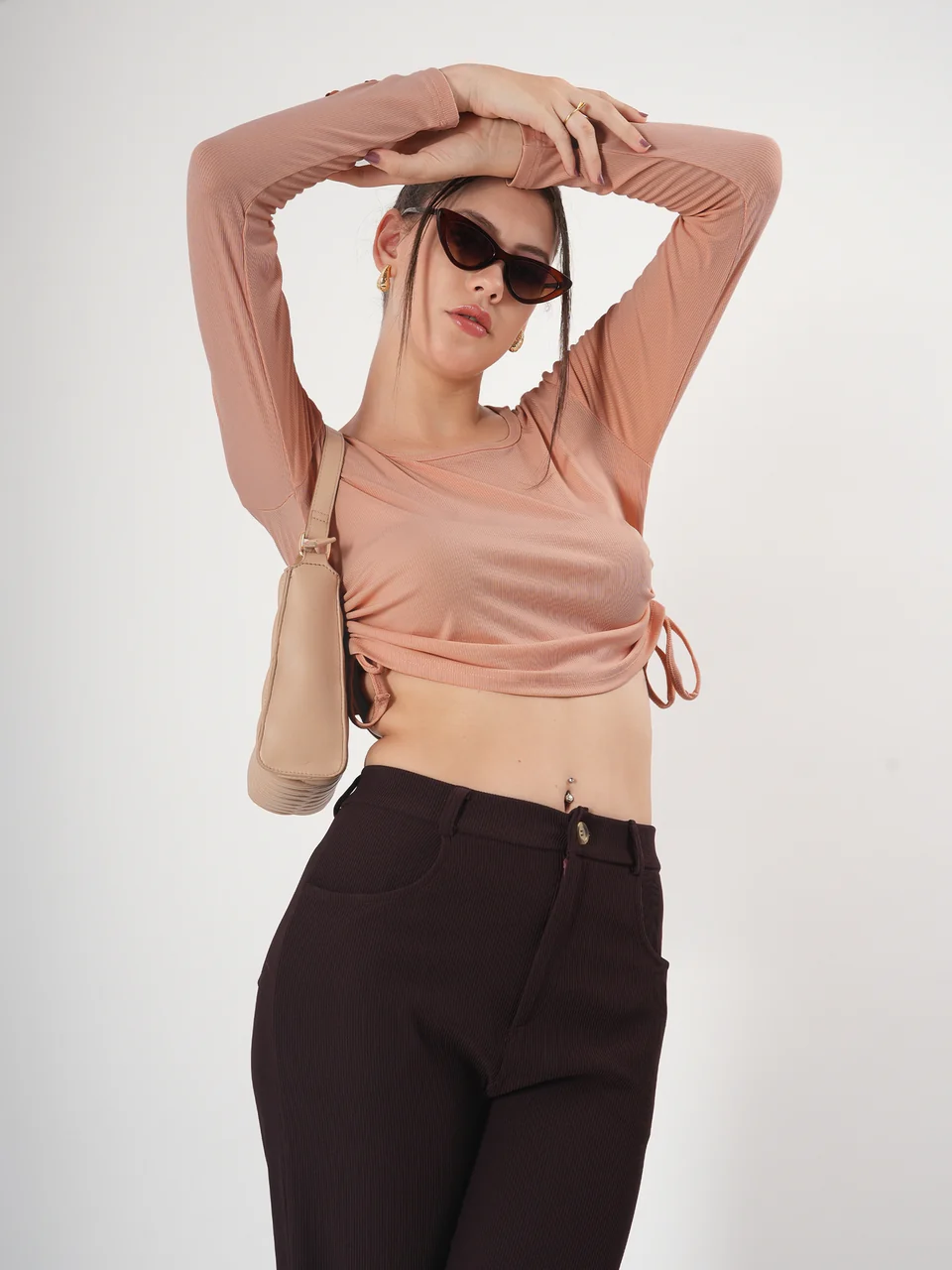 Clobug Solid Square Neck Full Sleeve Fitted Crop Top With Adjustable Strings - Image 54