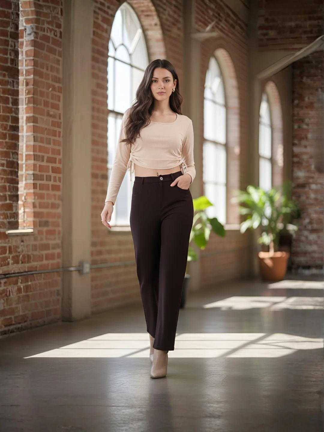 Clobug Solid Square Neck Full Sleeve Fitted Crop Top With Adjustable Strings - Image 57