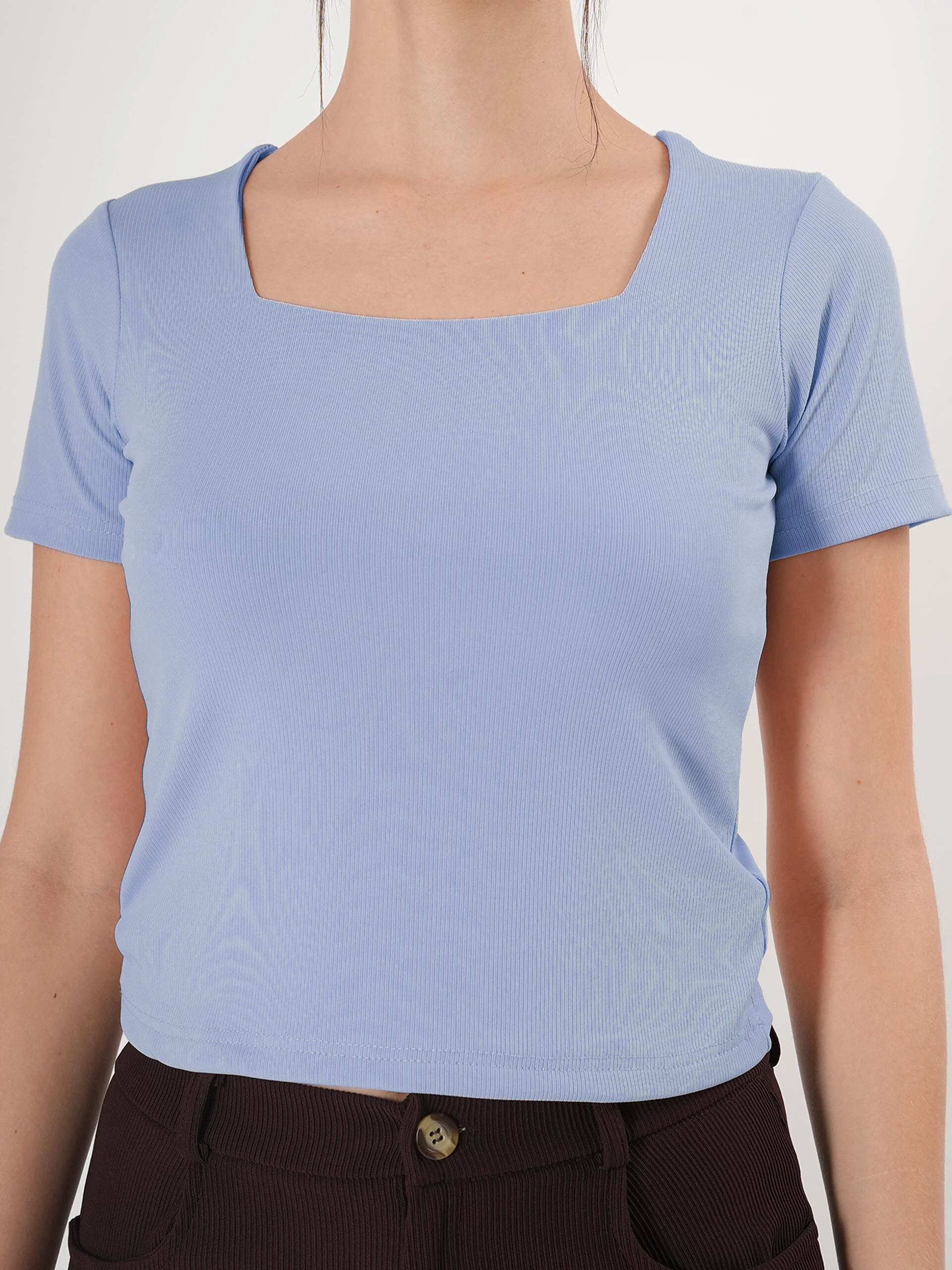 Clobug Solid Square Neck Half Sleeve Fitted Top - Image 11