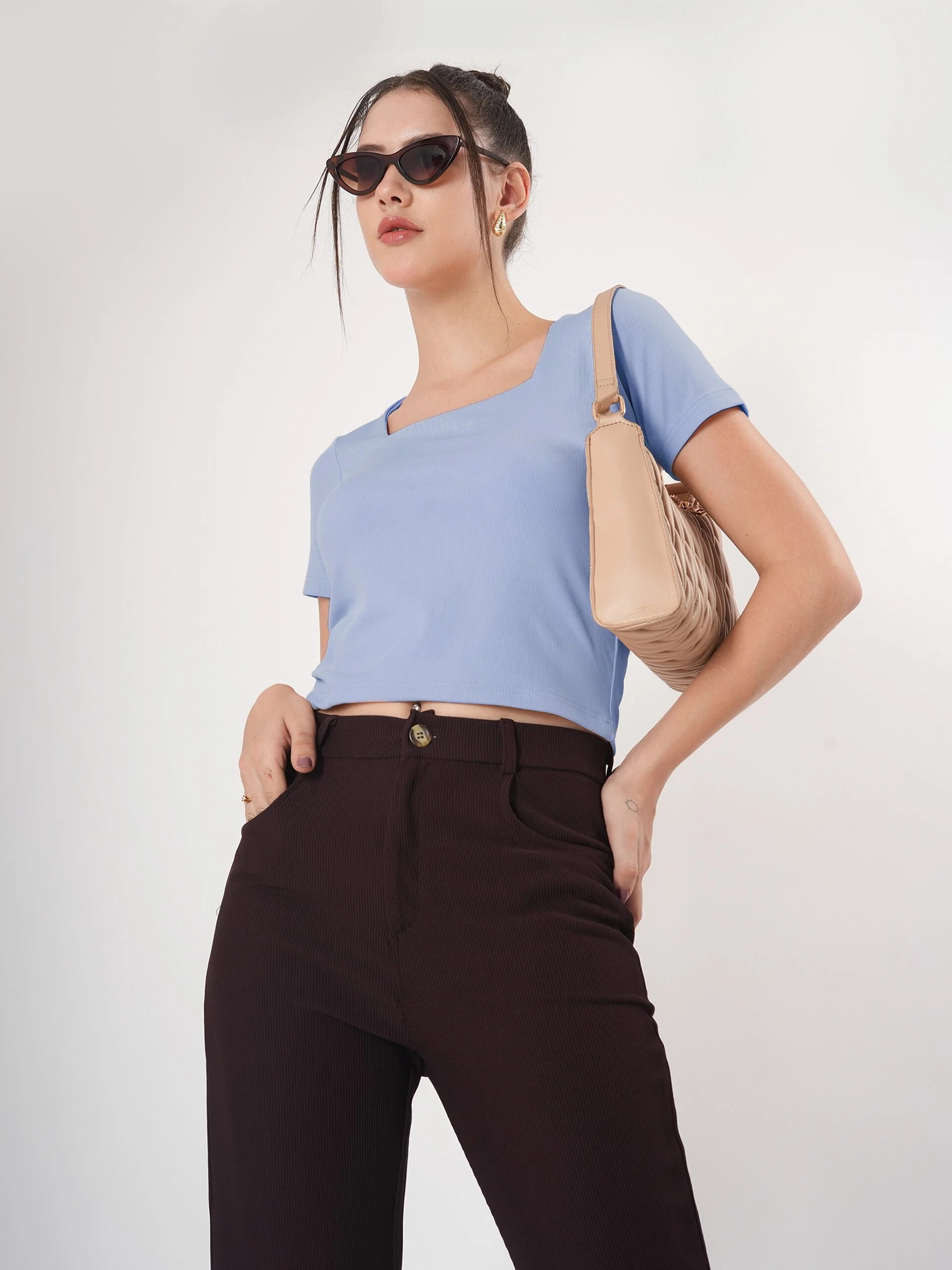 Clobug Solid Square Neck Half Sleeve Fitted Top - Image 13