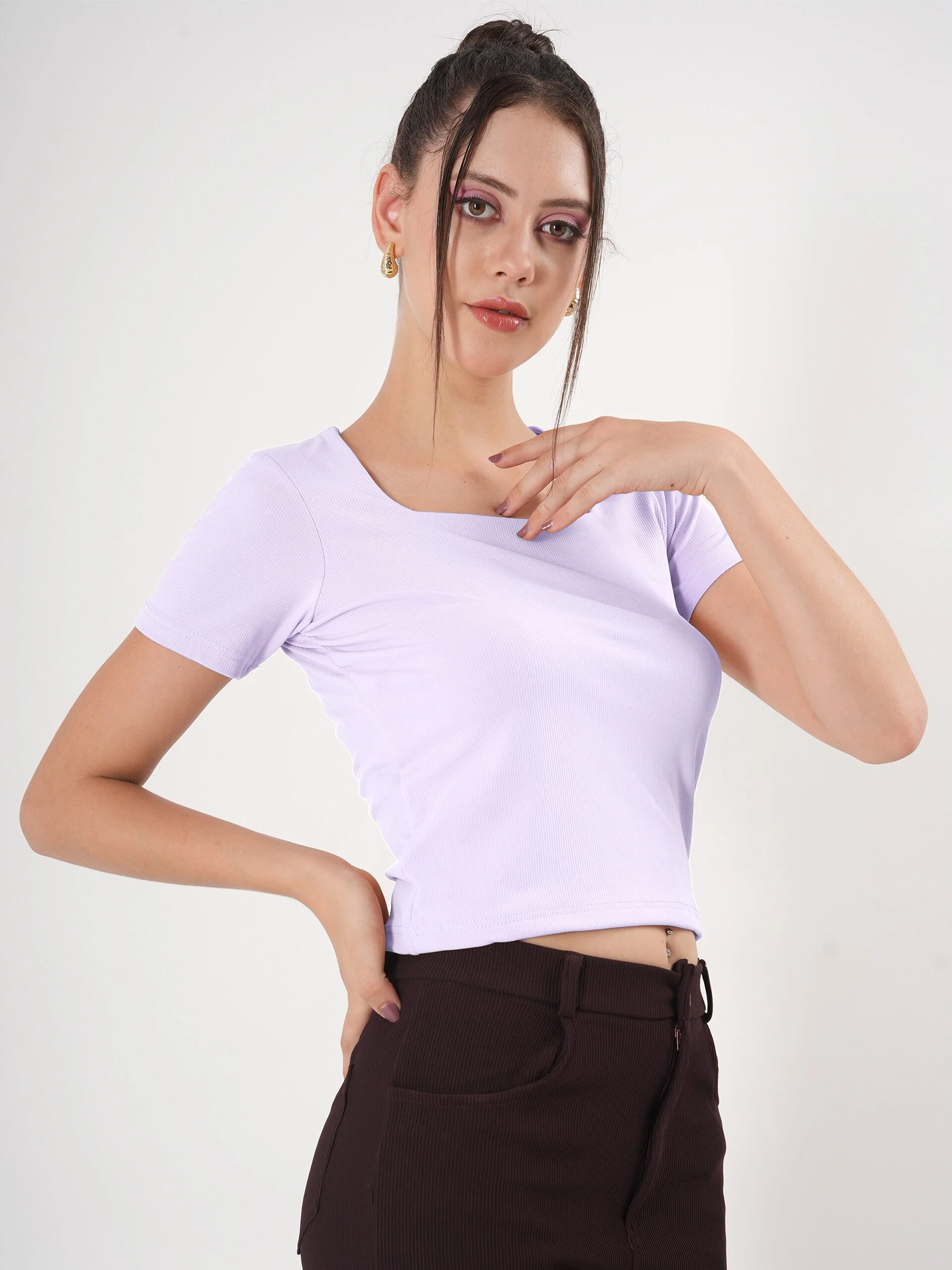 Clobug Solid Square Neck Half Sleeve Fitted Top - Image 16