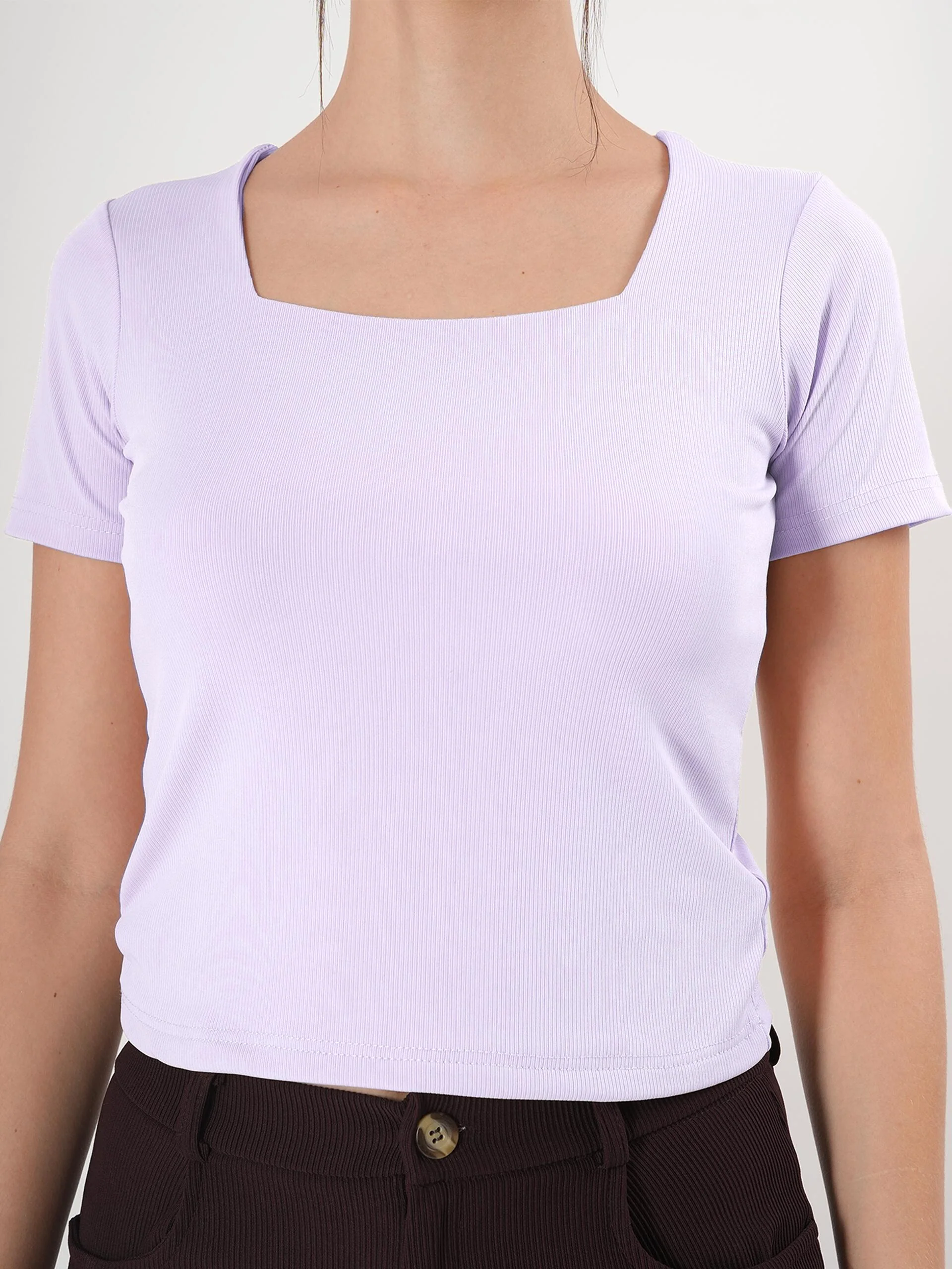 Clobug Solid Square Neck Half Sleeve Fitted Top - Image 17