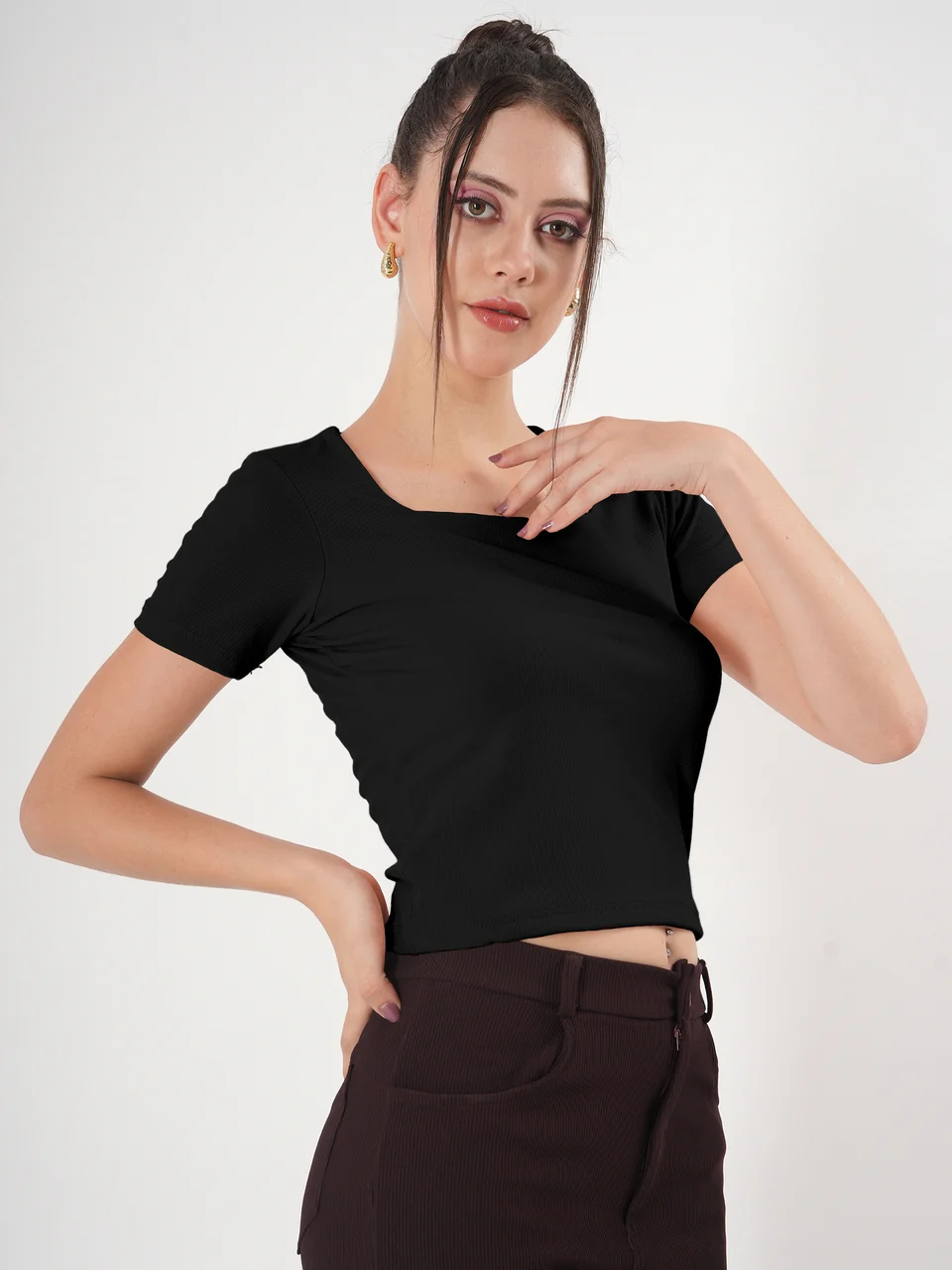 Clobug Solid Square Neck Half Sleeve Fitted Top - Image 24