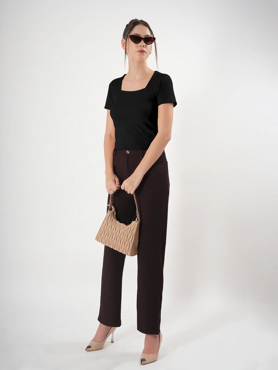 Clobug Solid Square Neck Half Sleeve Fitted Top - Image 26