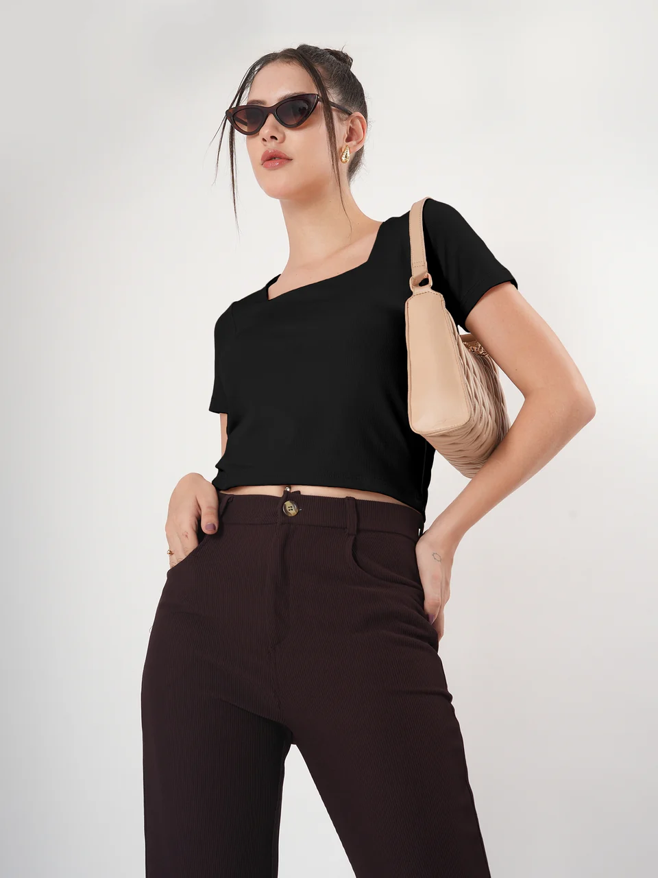 Clobug Solid Square Neck Half Sleeve Fitted Top - Image 27