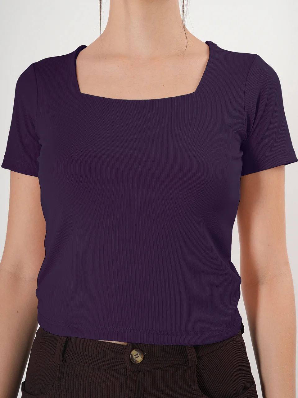 Clobug Solid Square Neck Half Sleeve Fitted Top - Image 29