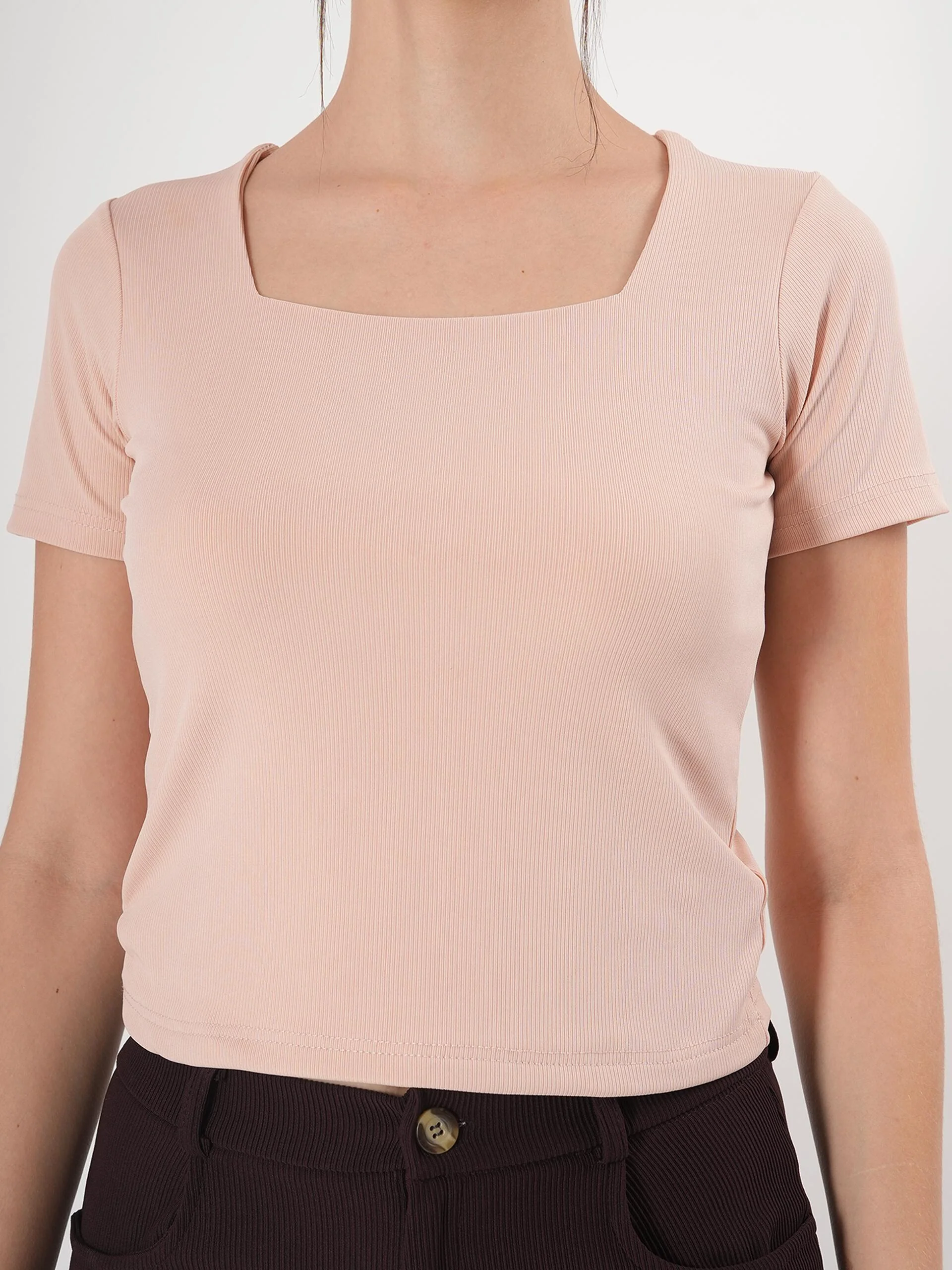 Clobug Solid Square Neck Half Sleeve Fitted Top - Image 3