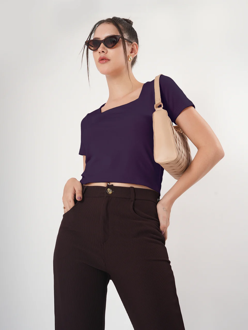 Clobug Solid Square Neck Half Sleeve Fitted Top - Image 30