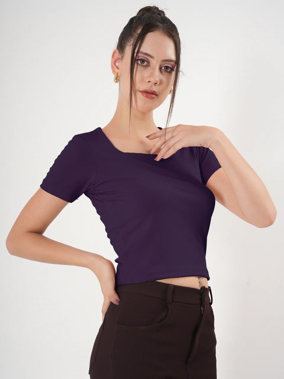 Clobug Solid Square Neck Half Sleeve Fitted Top - Image 32