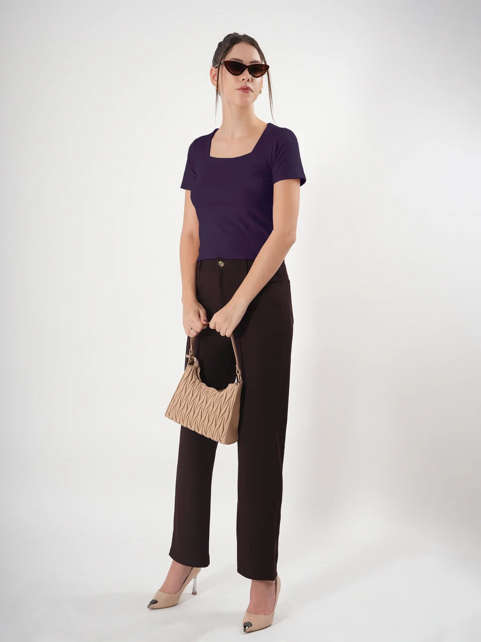 Clobug Solid Square Neck Half Sleeve Fitted Top - Image 33