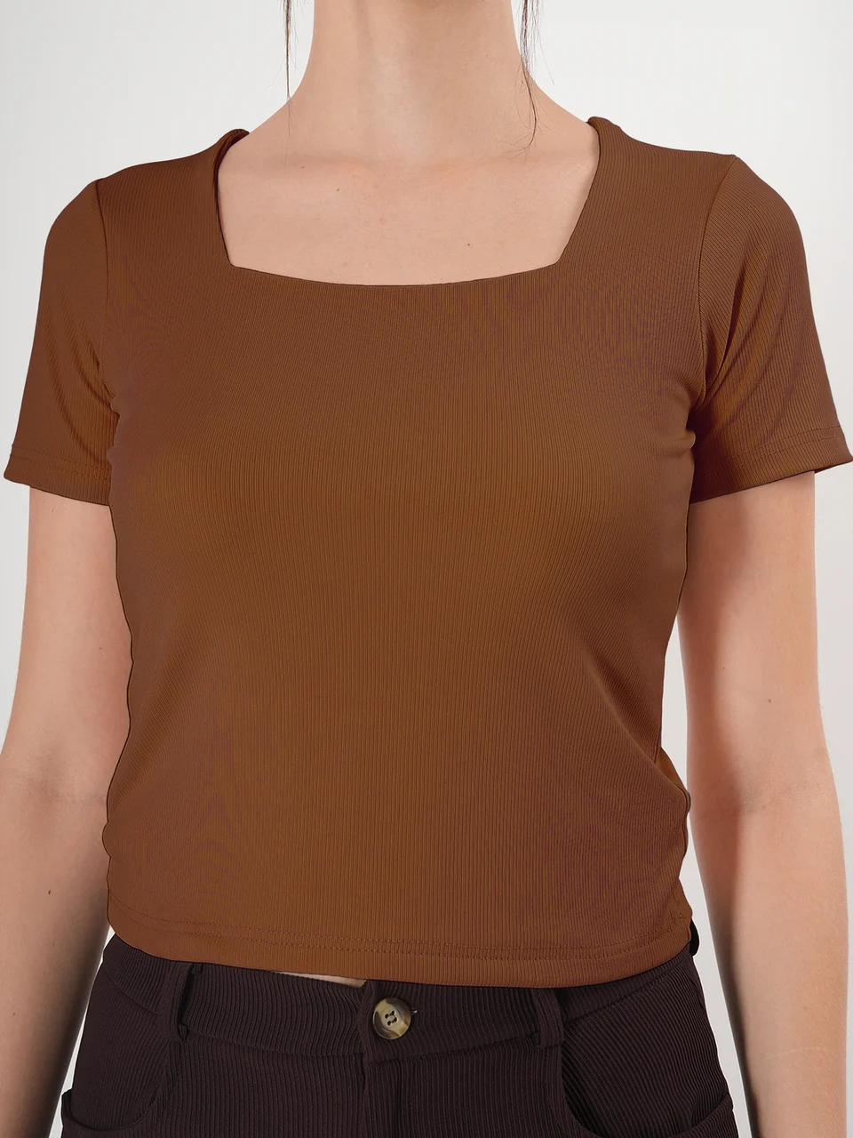 Clobug Solid Square Neck Half Sleeve Fitted Top - Image 35