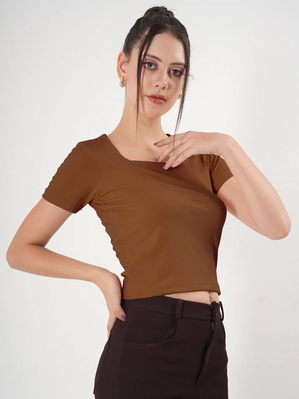 Clobug Solid Square Neck Half Sleeve Fitted Top - Image 37