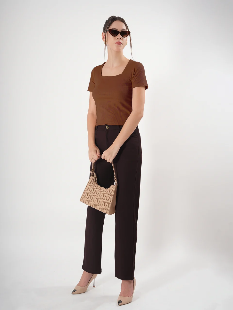 Clobug Solid Square Neck Half Sleeve Fitted Top - Image 38