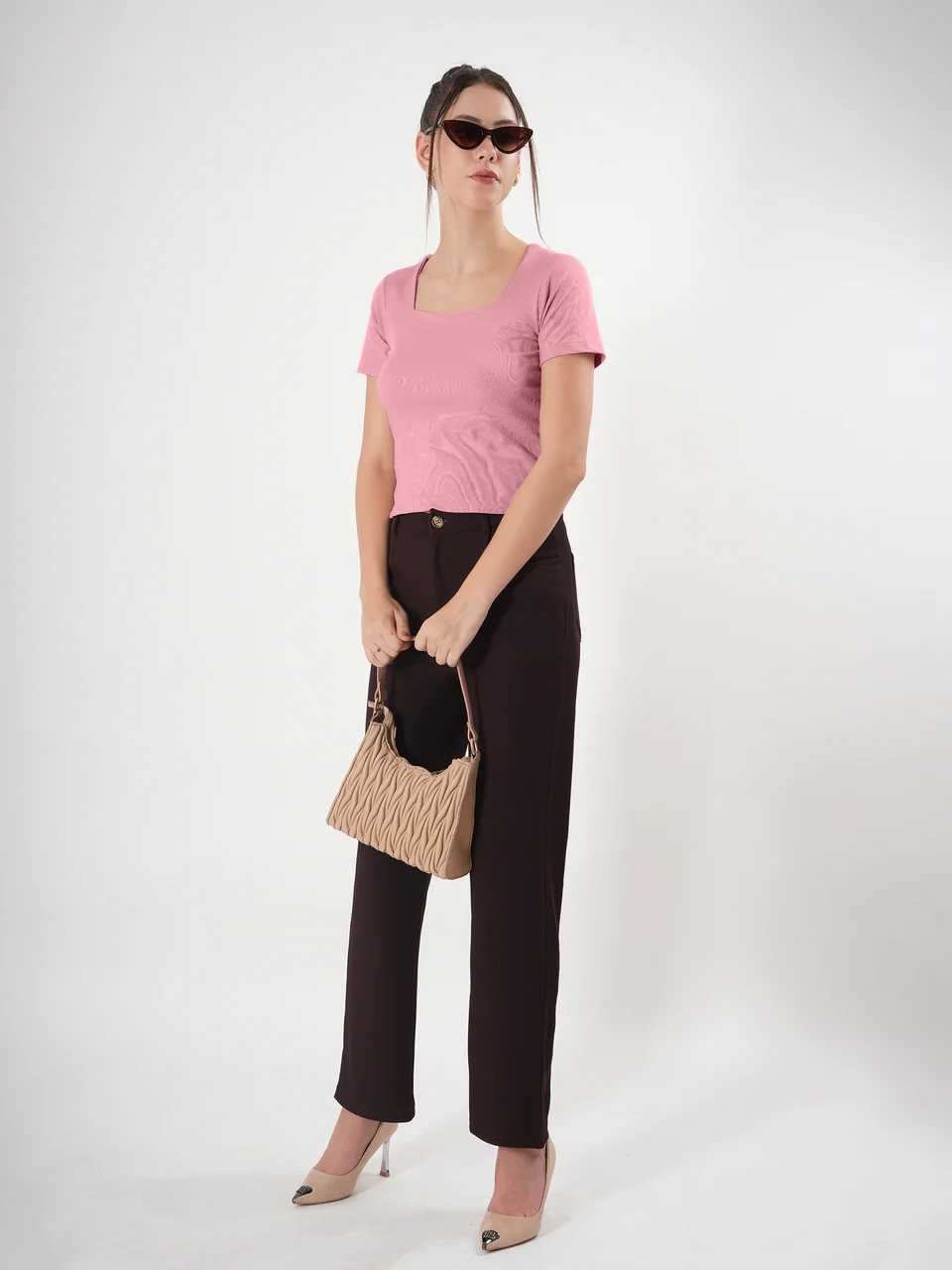 Clobug Solid Square Neck Half Sleeve Fitted Top - Image 48