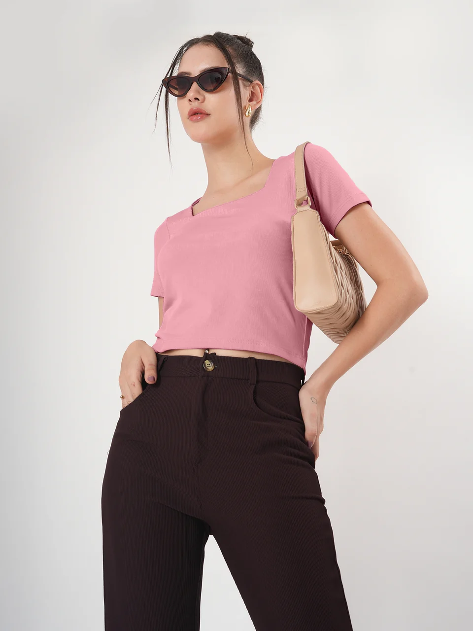 Clobug Solid Square Neck Half Sleeve Fitted Top - Image 49