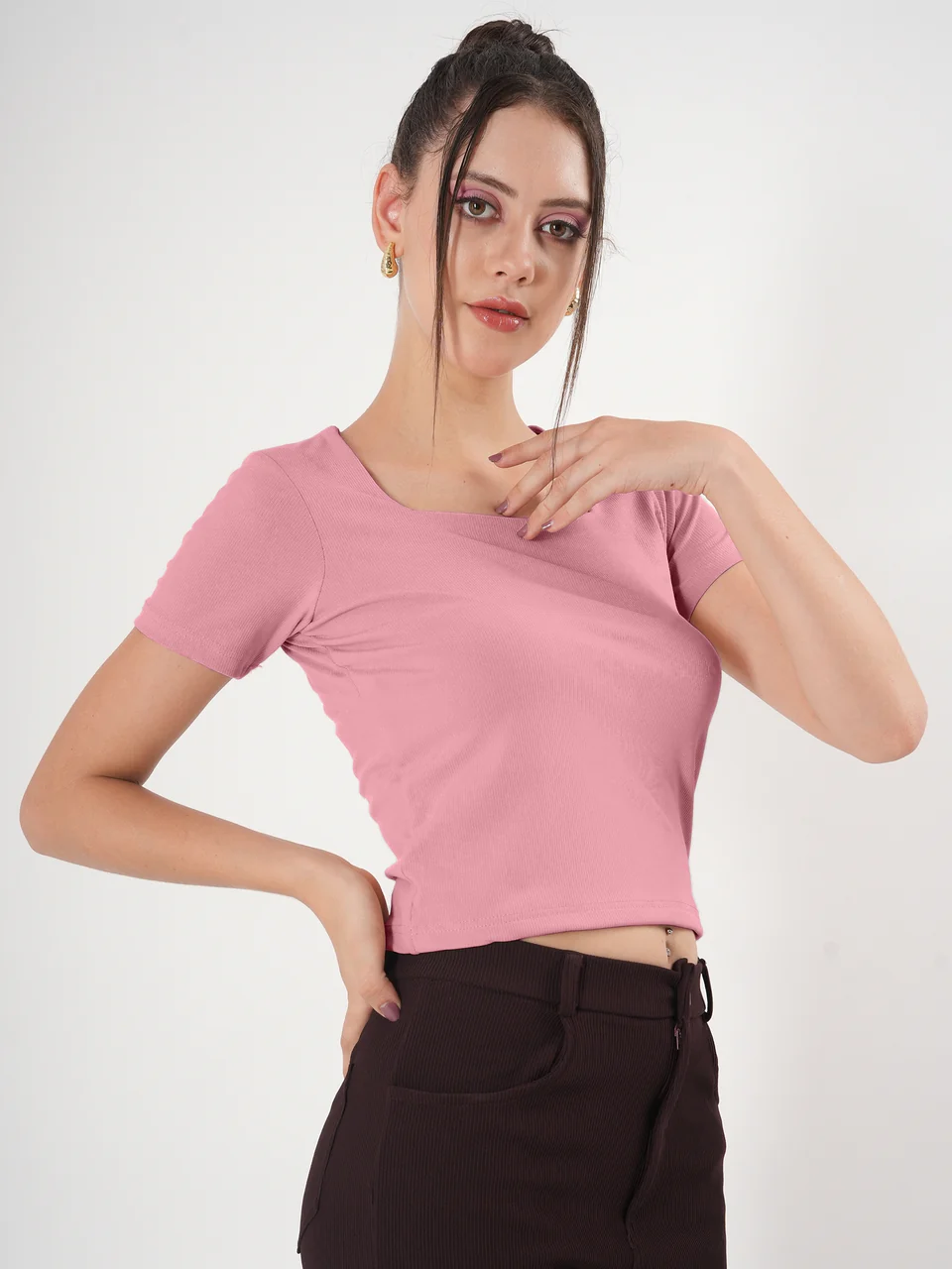 Clobug Solid Square Neck Half Sleeve Fitted Top - Image 51