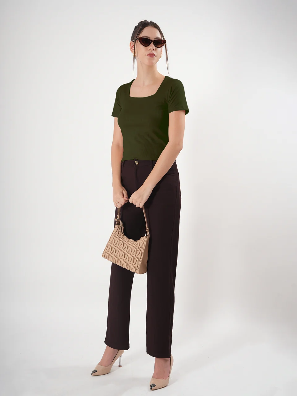 Clobug Solid Square Neck Half Sleeve Fitted Top - Image 54