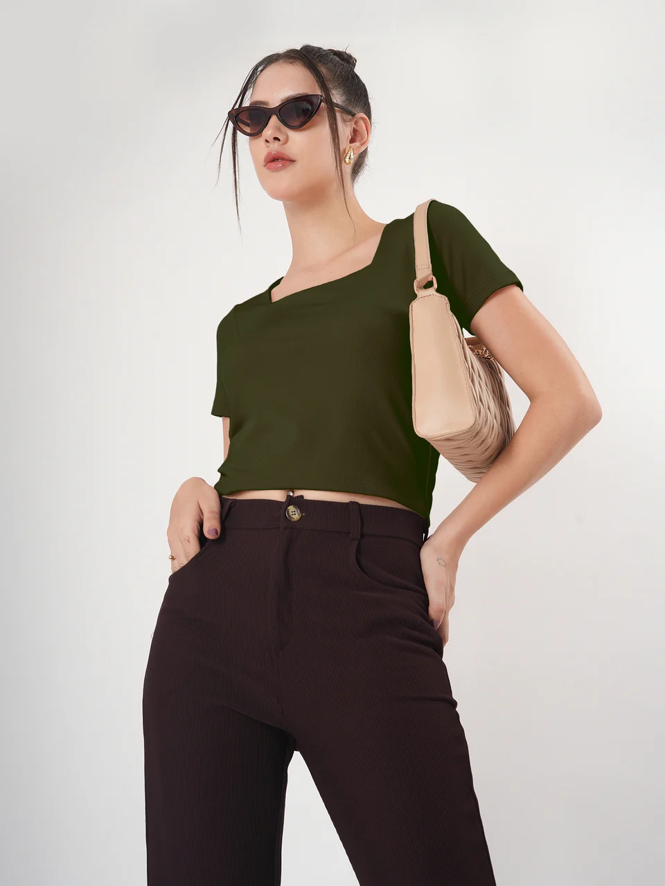 Clobug Solid Square Neck Half Sleeve Fitted Top - Image 55