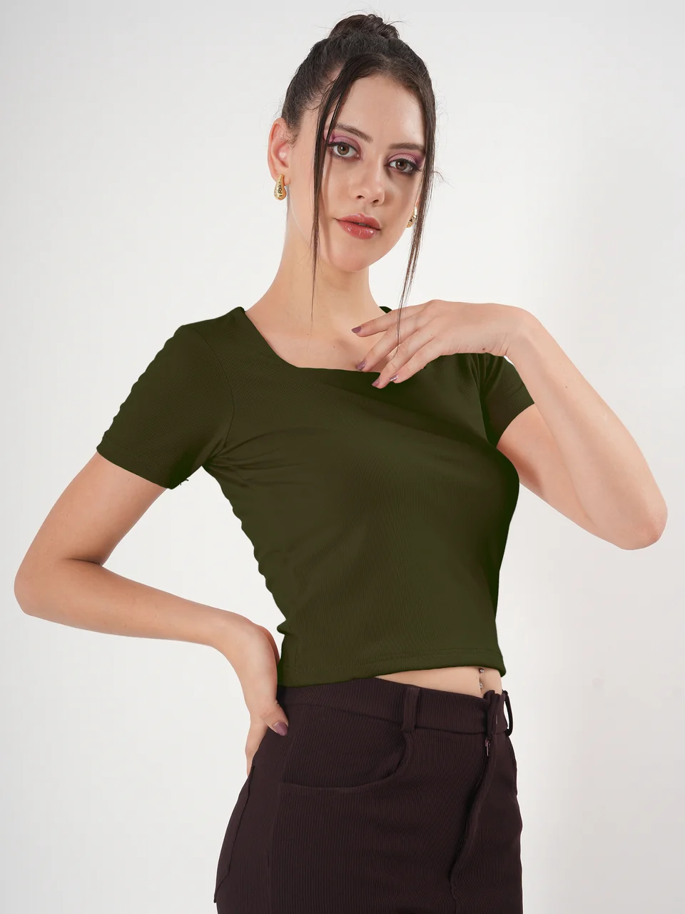 Clobug Solid Square Neck Half Sleeve Fitted Top - Image 57